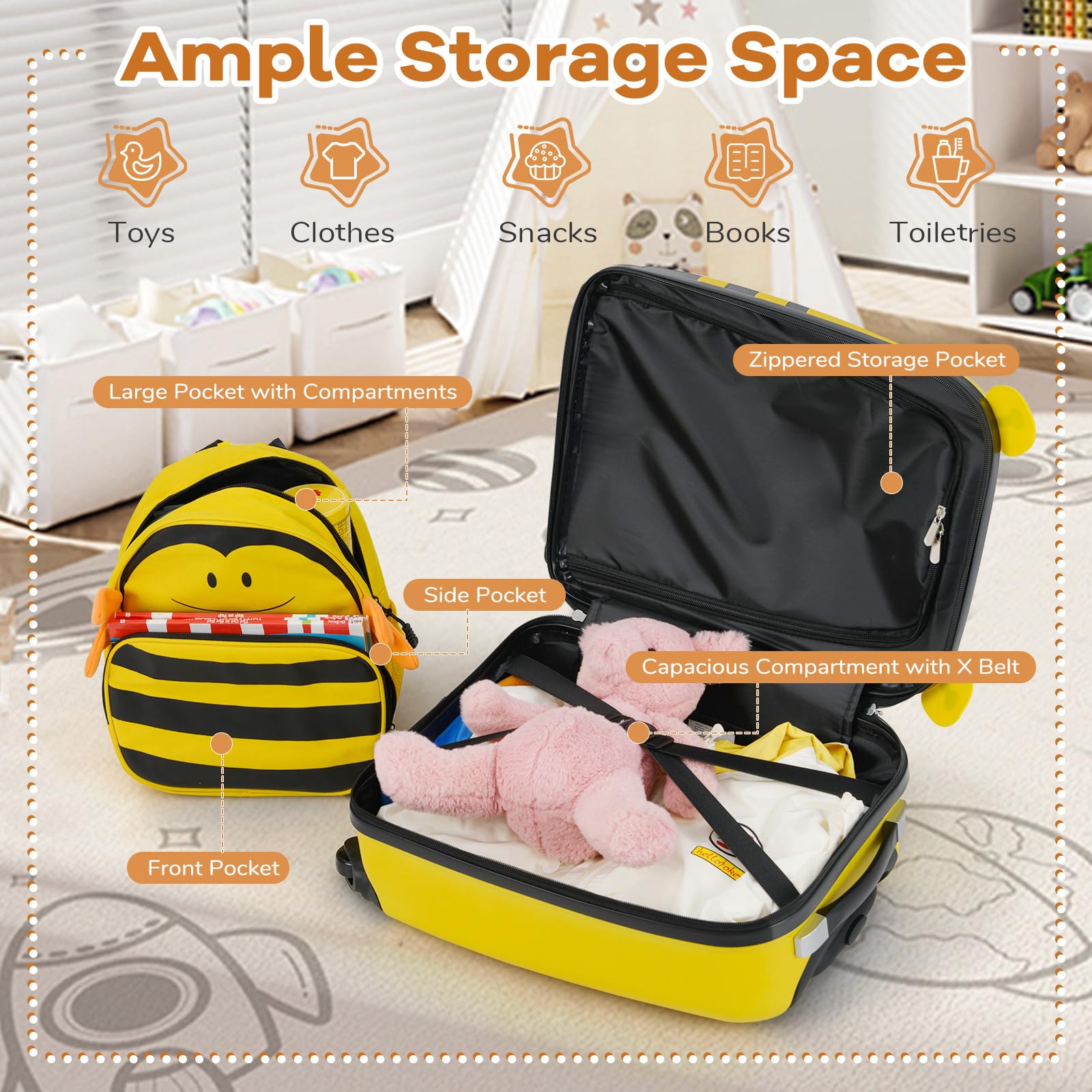 GYMAX Set di 2 valigie per bambini, zaino da 30,5 cm e valigia rigida da 40,6 cm, con ruote e corda anti-smarrimento, per ragazzi e ragazze, per viaggi e scuola