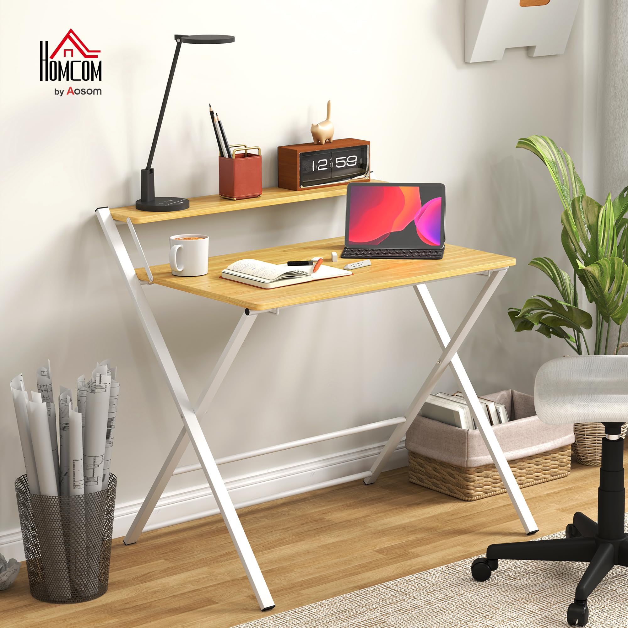 HOMCOM Escritorio Plegable Mesa de Escritorio Plegable con Estante Abierto Escritorio Pequeño para Estudio Hogar Oficina 86x66x82 cm Natural