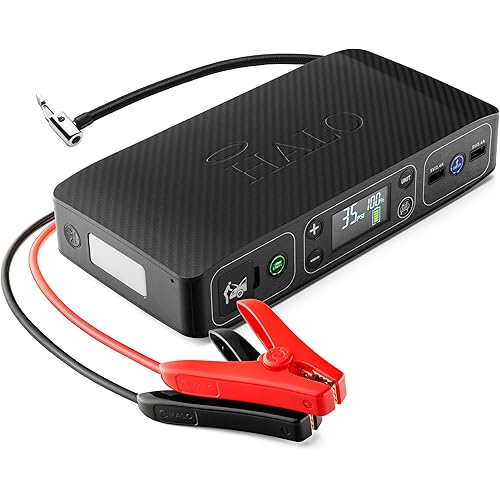 HALO Bolt Air 58830 Portable Car Battery Jump Starter | 100 PSI Air Compressor, 58.8Wh USB Power Bank, Emergency Floodlight & Charger, Jumps Cars SUVs & Trucks, Inflates Tires, TSA Approved — Black