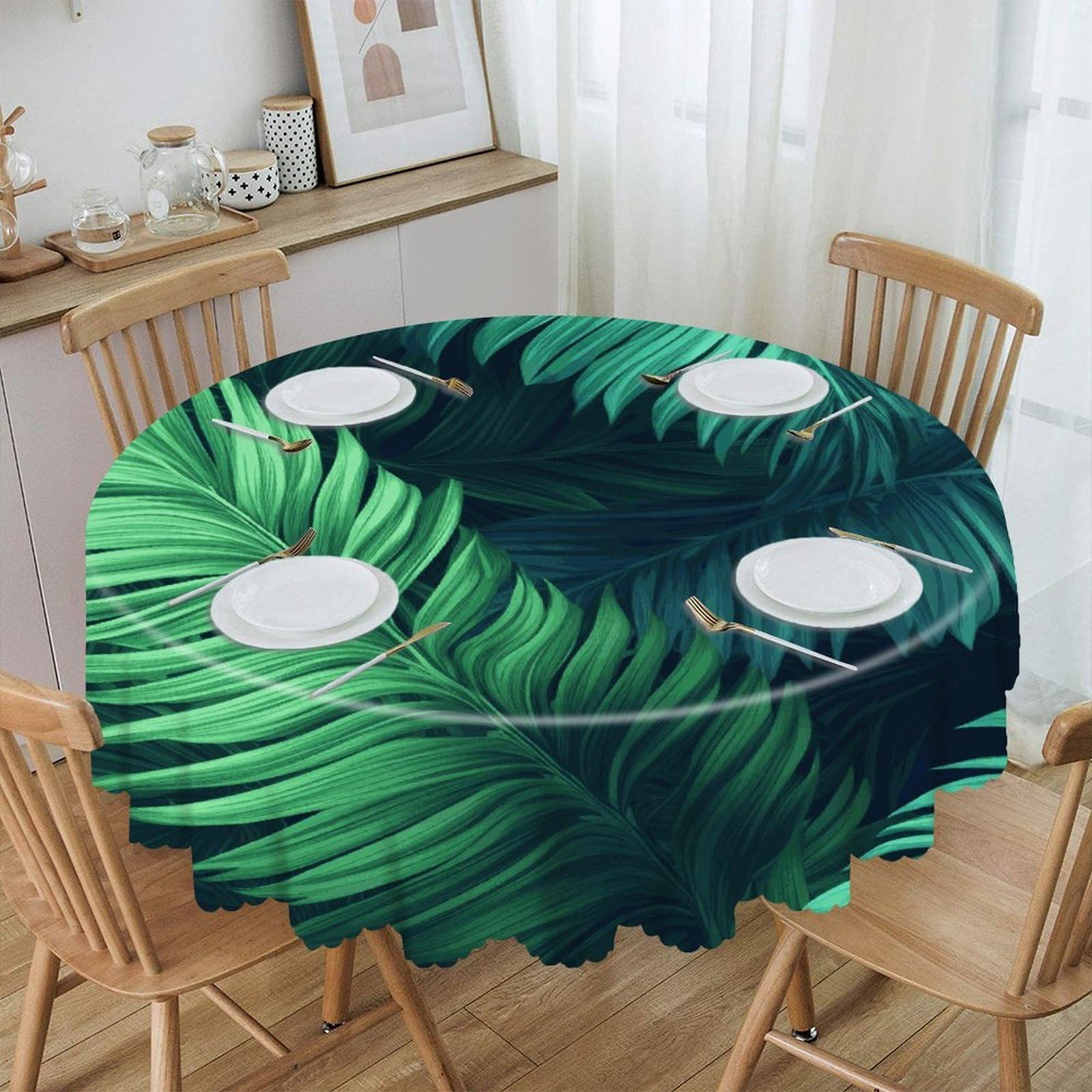 FekiLoot Tropical Palm Leaves Round Tablecloth Waterproof Spill-Proof Wipeable Table Cloth Wrinkle Free Circle Dining Table Cover for Dining Kitchen Wedding Parties Machine Washable