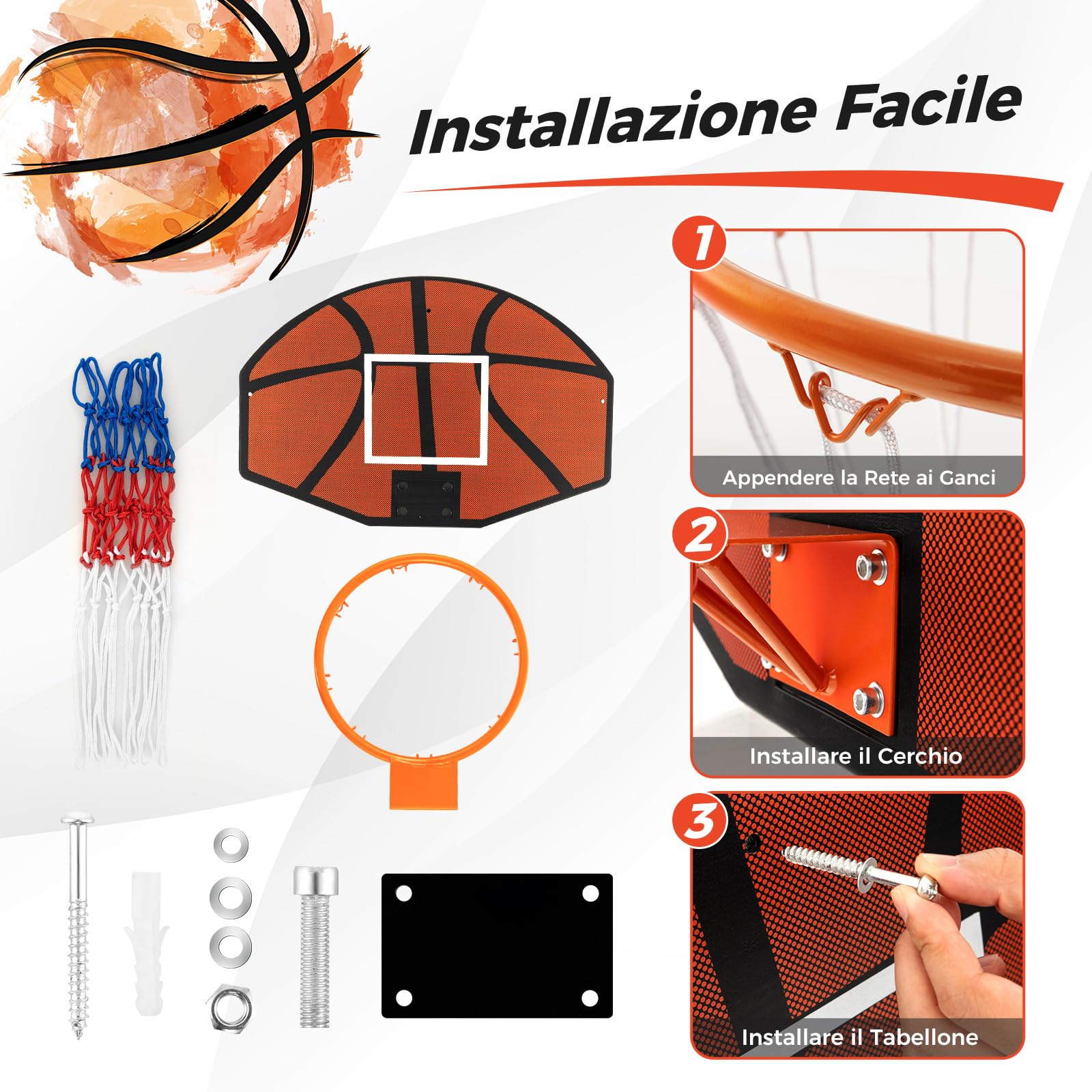 COSTWAY Tabellone Basket da Muro per Bambini e Adulti, Canestro da Basket a Parete da Interni ed Esterni con Tabellone Antiproiettile da 66,5 x 44,5 cm, Rete Anti-strappo e Accessori Completi
