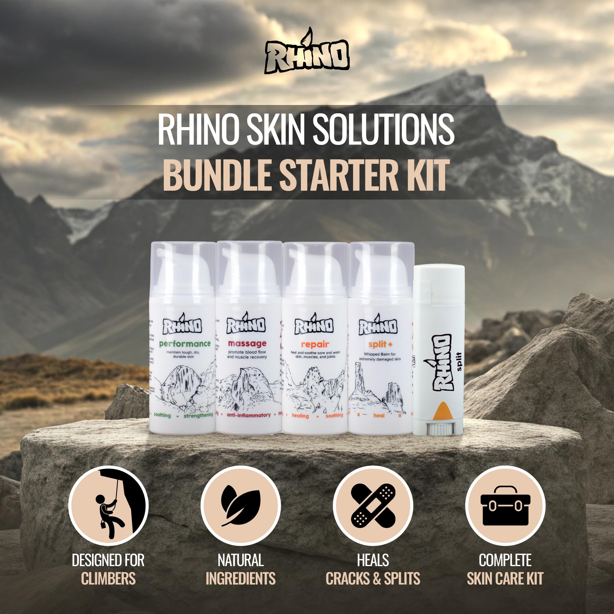 Rhino Skin Starter Kit Bundle - Climbing Skincare 5-Piece Set with Hand Cream, Lotion, Conditioner, Antiperspirant, and Balm | For Dry and Cracked Hands | Travel Size Hand Creams with Handmade Pouch