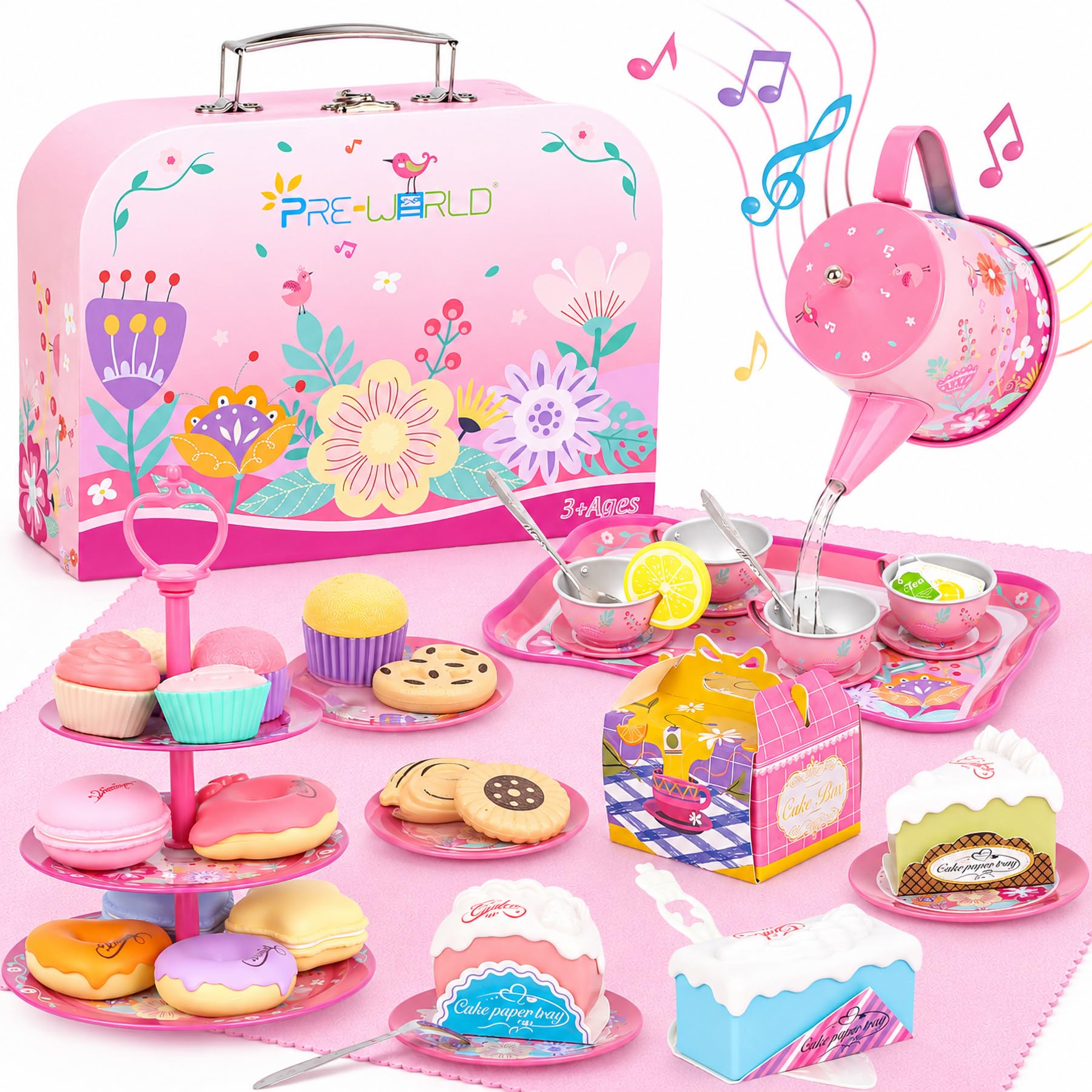 PRE-WORLD Tea Party Set 53Pcs, Musical Teapot Toy for Girls Ages 3-6