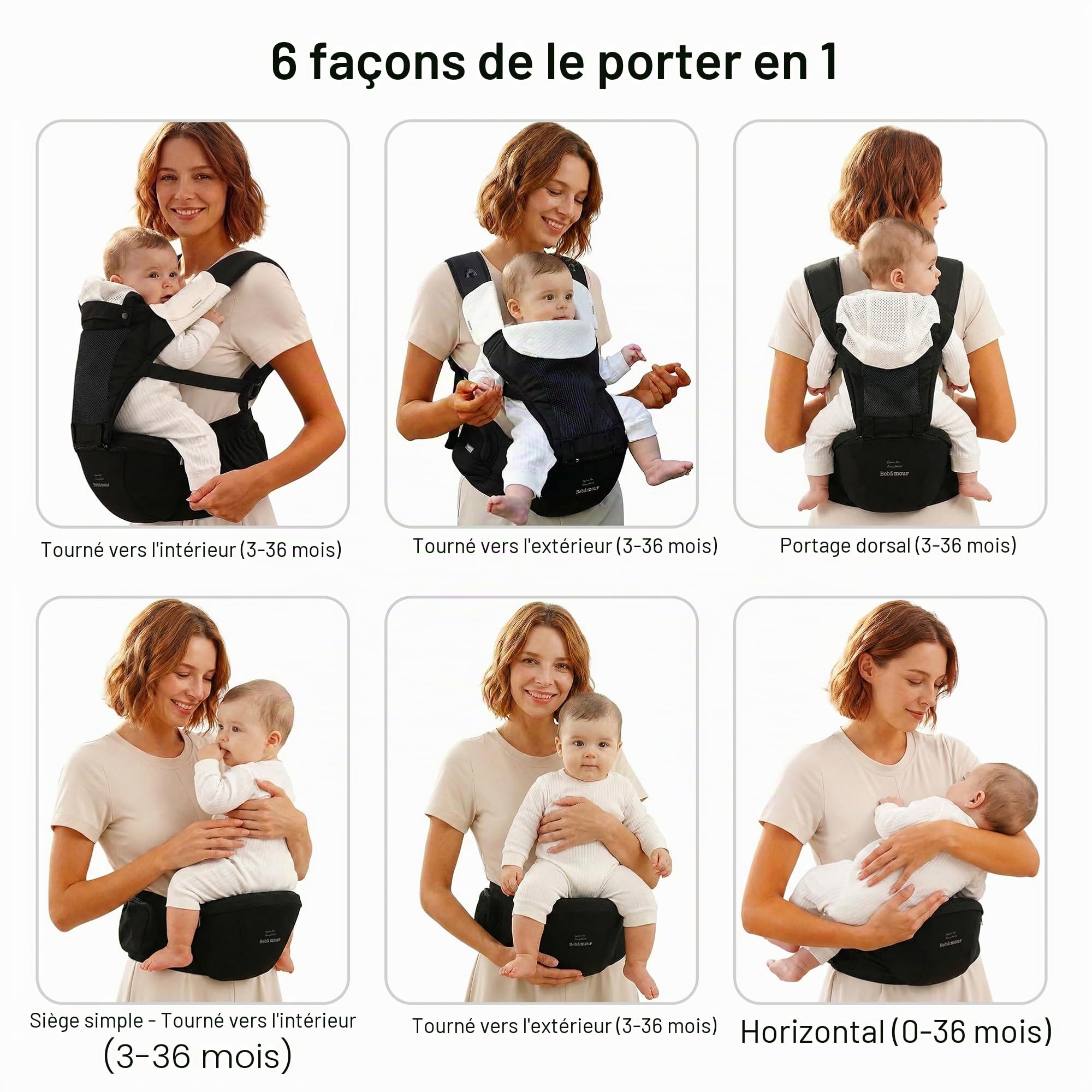 Bebamour Porte-bébé pour nouveau-nés et tout-petits Porte-bébé Hipseat 0-36 mois avec capuche, 3 coussinets de dentition, rallonge de taille, sac de rangement et étui à tétine,Beige