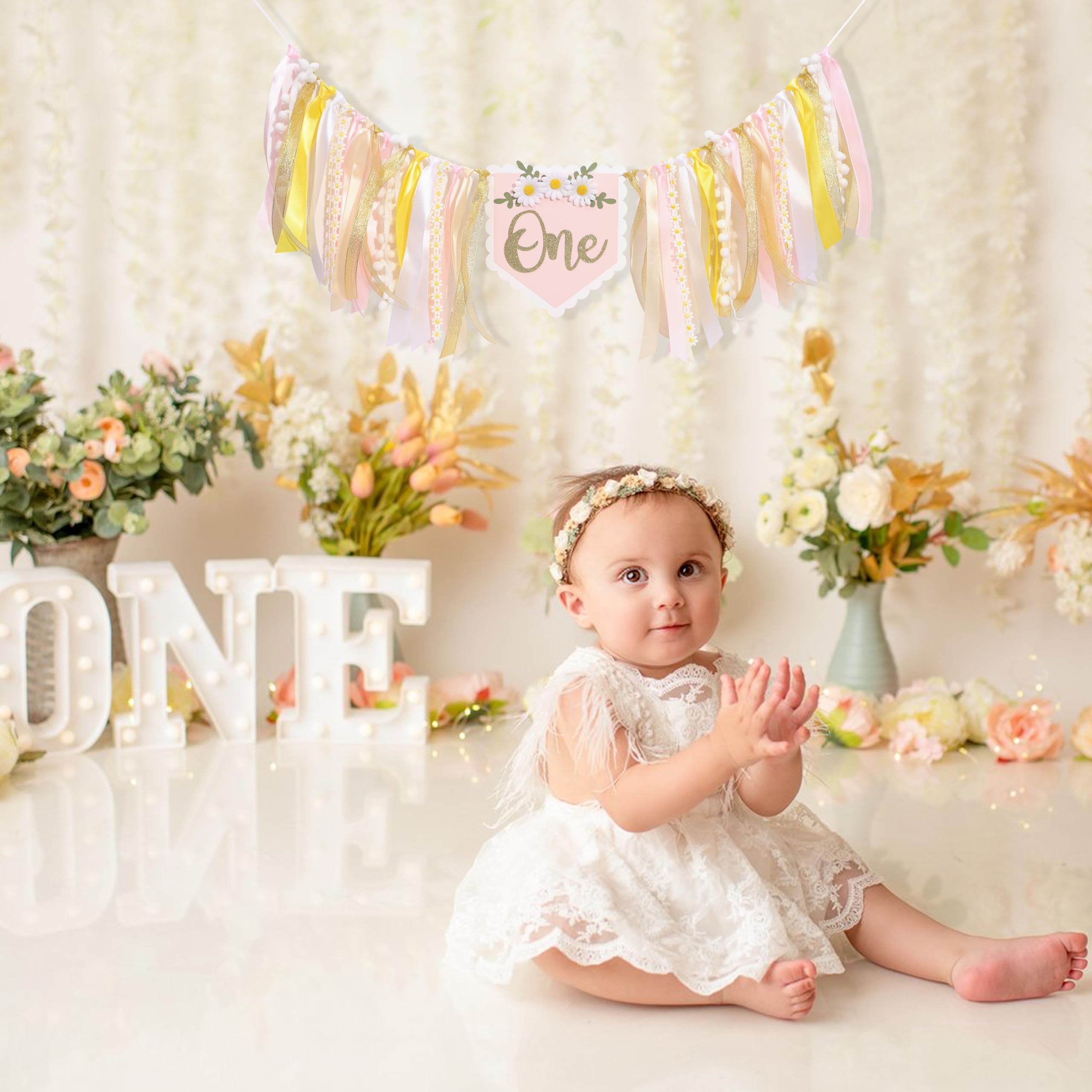 Daisy 1st Birthday High Chair Banner - Felt 3D Letter ONE With Tassel Garland | Groovy Girl First Birthday Decor | Baby Girl Birthday Party Decoration
