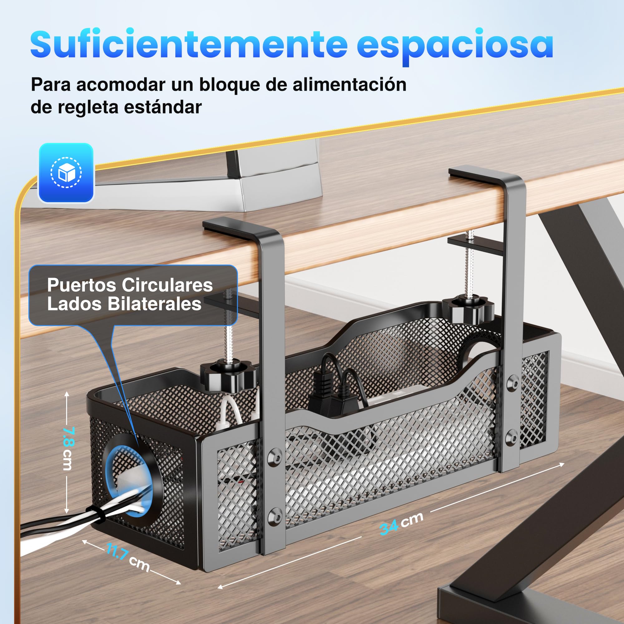 Under Desk Cable Management Tray Black, Cinati Wire Organizers No Drill, Cable Tray with Clamp for Wire Management, Cord Organization Box for Office, Home - No Damage to Desk