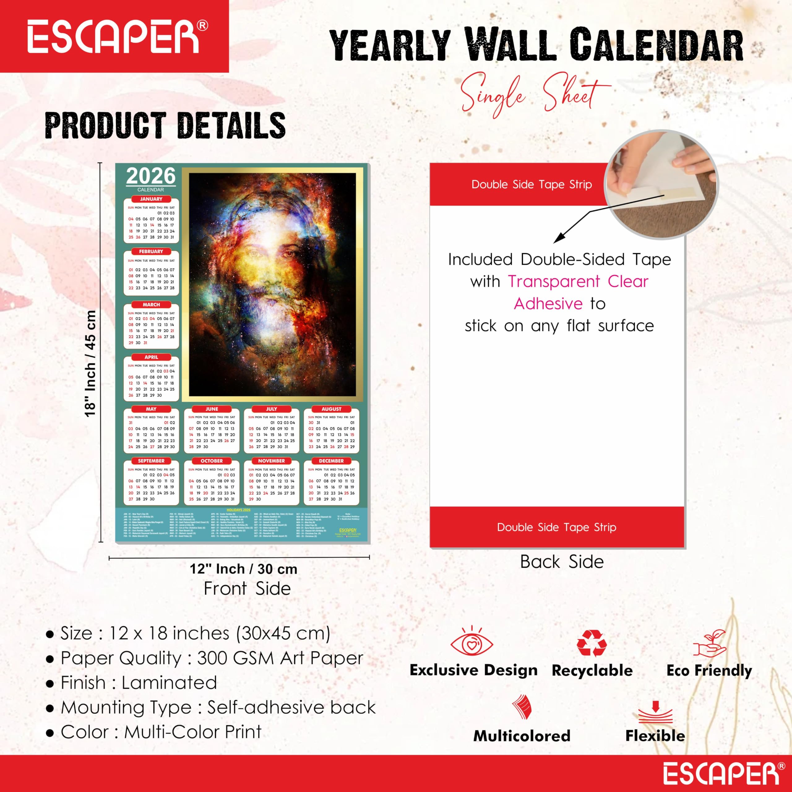 ESCAPER Calendario de pared de Jesús 2026, 12 x 18 pulgadas, calendario cristiano laminado con vacaciones indias, decoración religiosa de pared para el hogar y la oficina