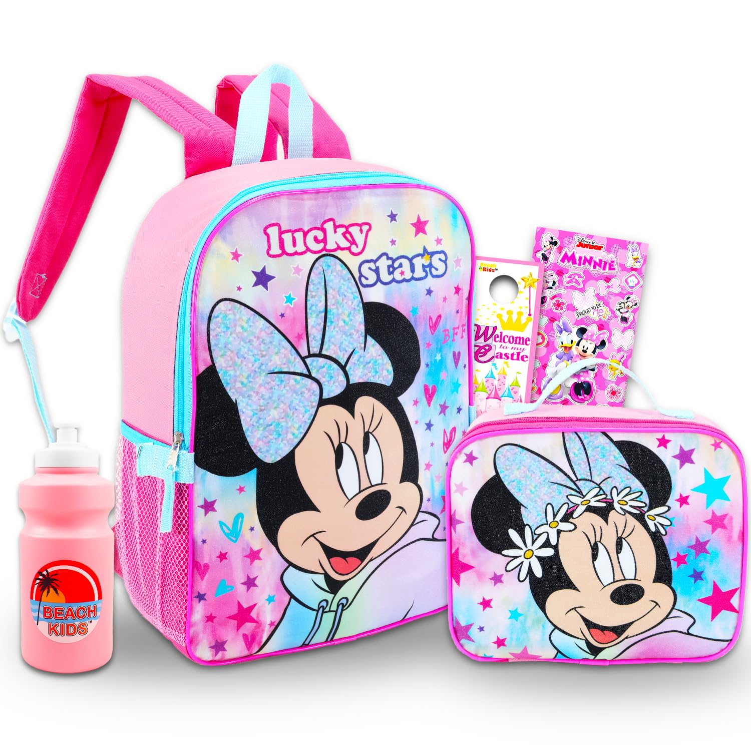 Disney Minnie Mouse Backpack with Lunch Box - 5 Pc Bundle of 16" Minnie School Bag, Lunch Box, Stickers, More (Minnie Mouse School Supplies)