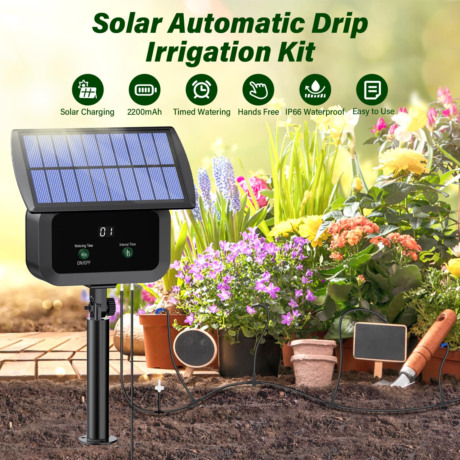 Zestaw do automatycznego nawadniania solarnego, automatyczny system nawadniania ogrodowego, solarne systemy nawadniania z zegarem + wąż 15 m do ogrodu, na balkon, do roślin doniczkowych