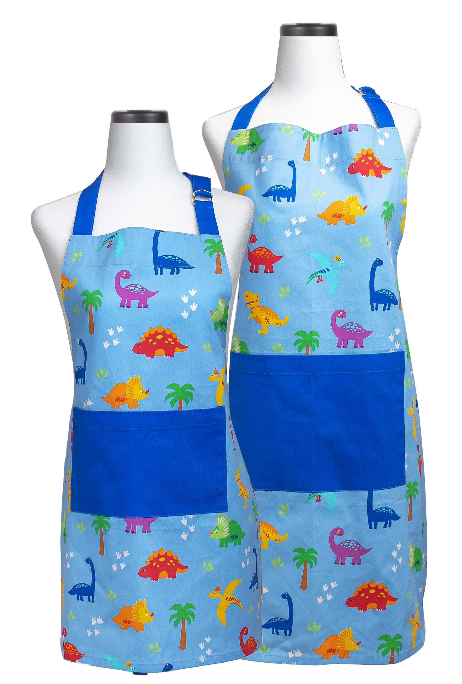Handstand KitchenAdult and Child 100% Cotton Bold Print Apron Set - Dinosaur Buddies