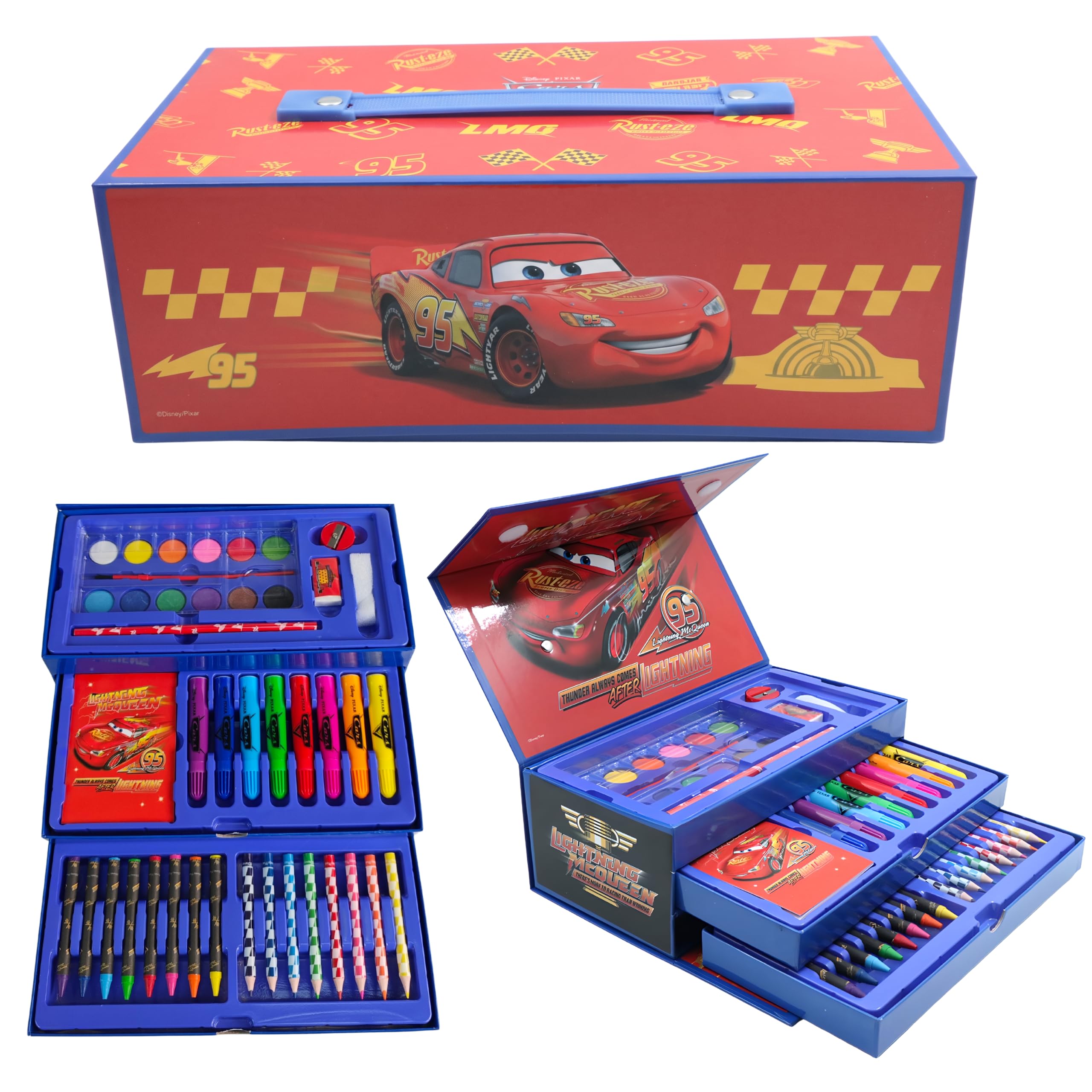 Disney Cars 52-Piece Deluxe Colouring Art Box for Kids | Premium Portable Art Kit with Markers, Crayons, Colour Pencils & More | Creative Drawing & Coloring Set | Lightning McQueen Gift