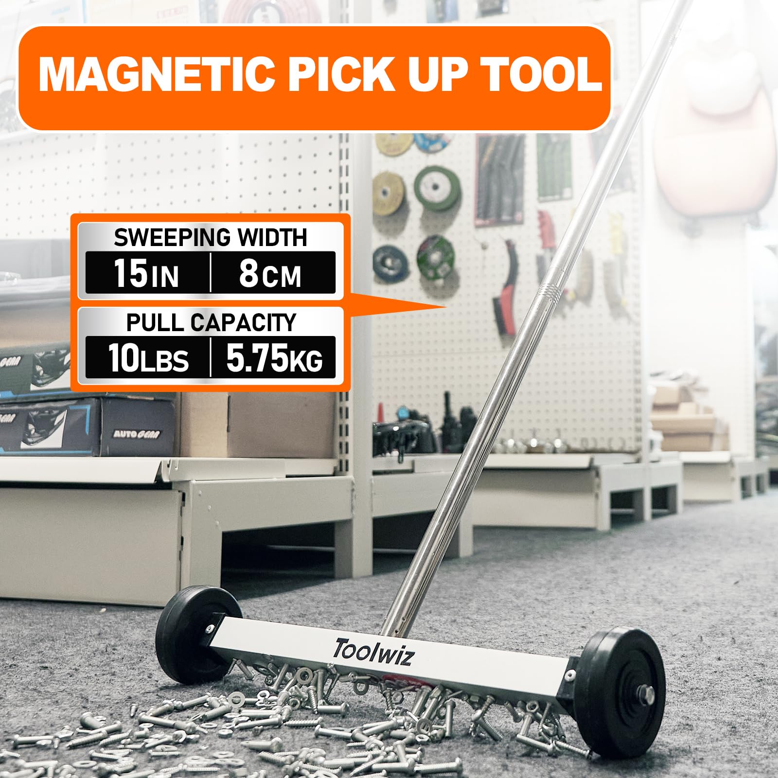 Toolwiz Magnetyczna zamiatarka do podnoszenia 38 cm, 38 cm, wytrzymały magnes do zbierania trawnika, narzędzia dachowe, 4,53 kg, 4,5 kg, narzędzia podwórkowe z teleskopowym uchwytem i kółkami do