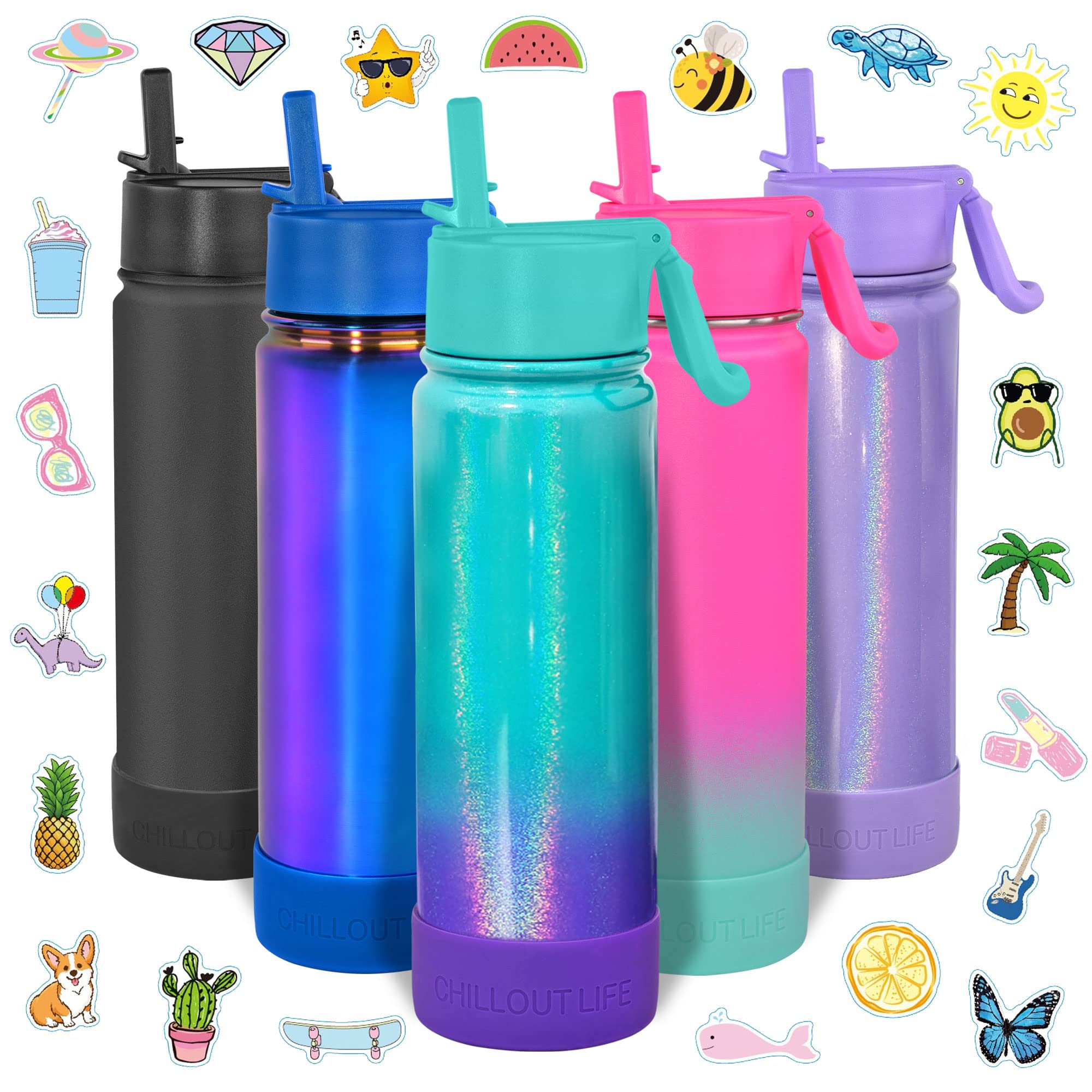 CHILLOUT LIFE 22 oz Kids Insulated Water Bottle for School with Straw Lid Leakproof and Cute Waterproof Stickers, Personalized Stainless Steel Thermos