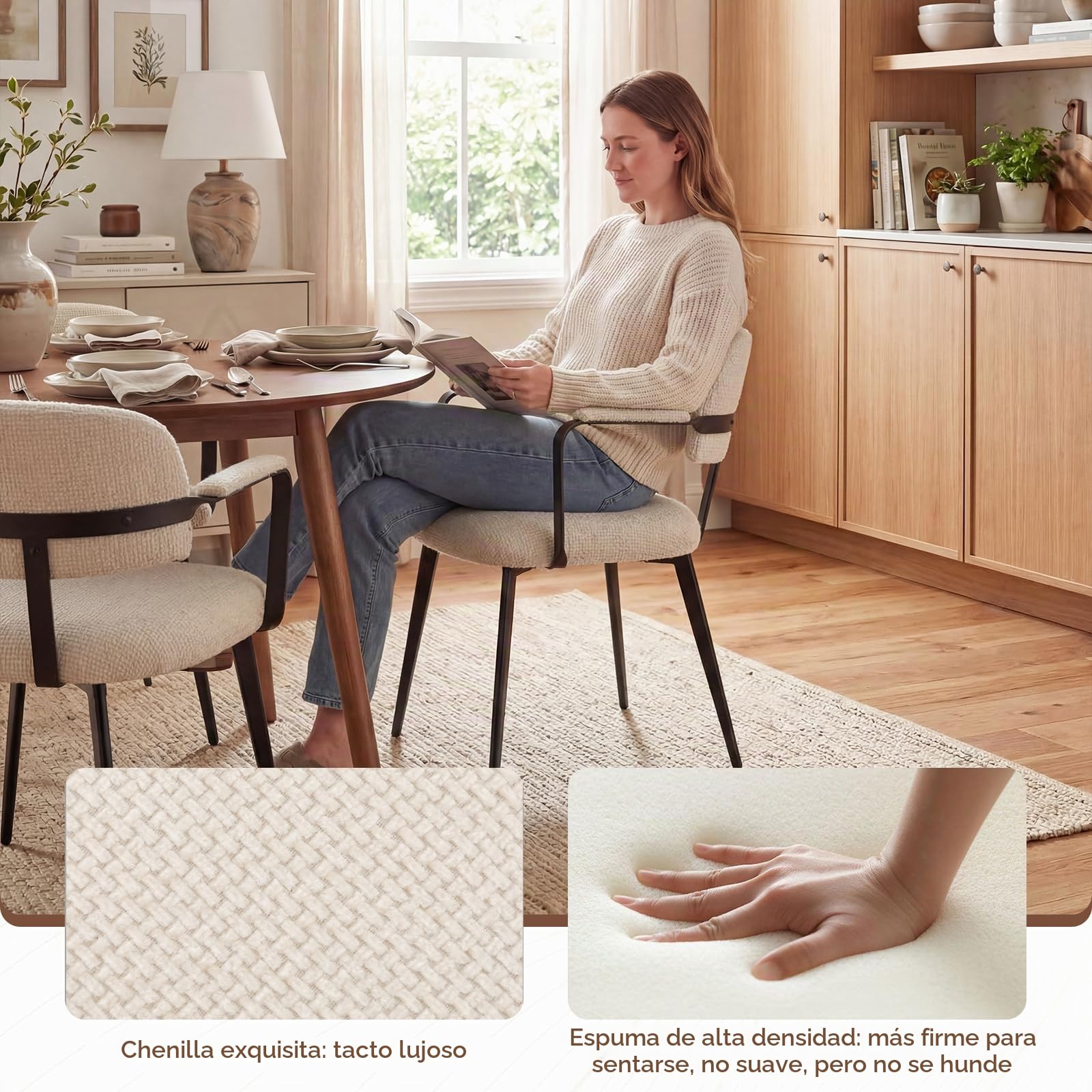 Sillas de Comedor Pack 2, Sillas Cocina con o sin Reposabrazos, Silla Nordica con Tapicería de Chenilla, Cojines Duros y Patas de Metal (Beige, con reposabrazos)