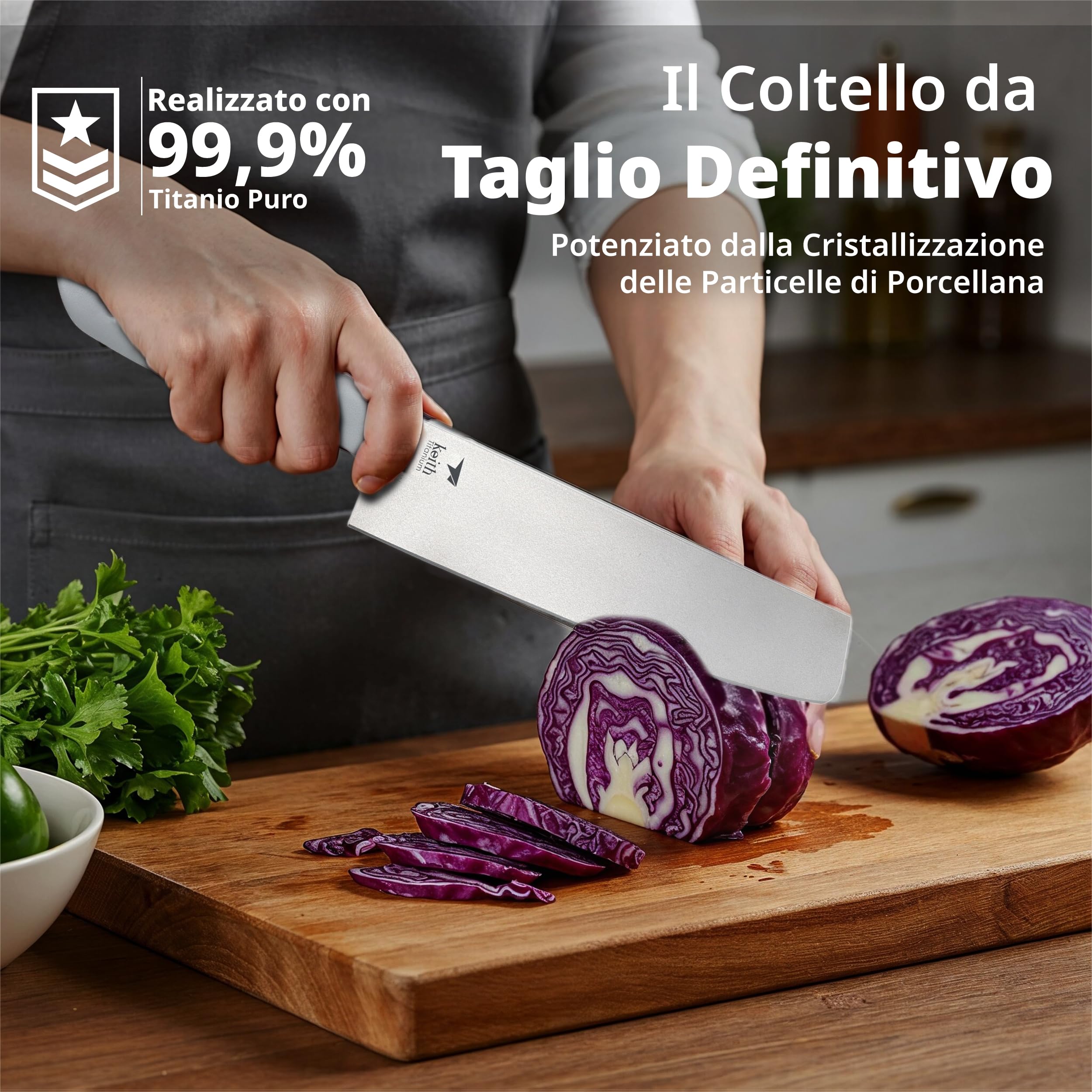 Keith Coltello da Cucina in Titanio con Fodero, Ti8743, Coltello Multiuso Portatile per Tagli Precisi di Verdure, Frutta e Carne, Ideale per Cucina, Campeggio, Trekking (31.2 x 4.4 cm)