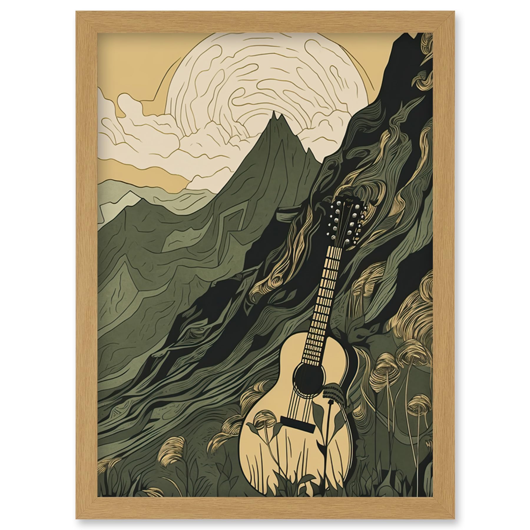 Artery8 Guitar on Mountain Landscape Morning at Campsite Artwork Framed Wall Art Print A4