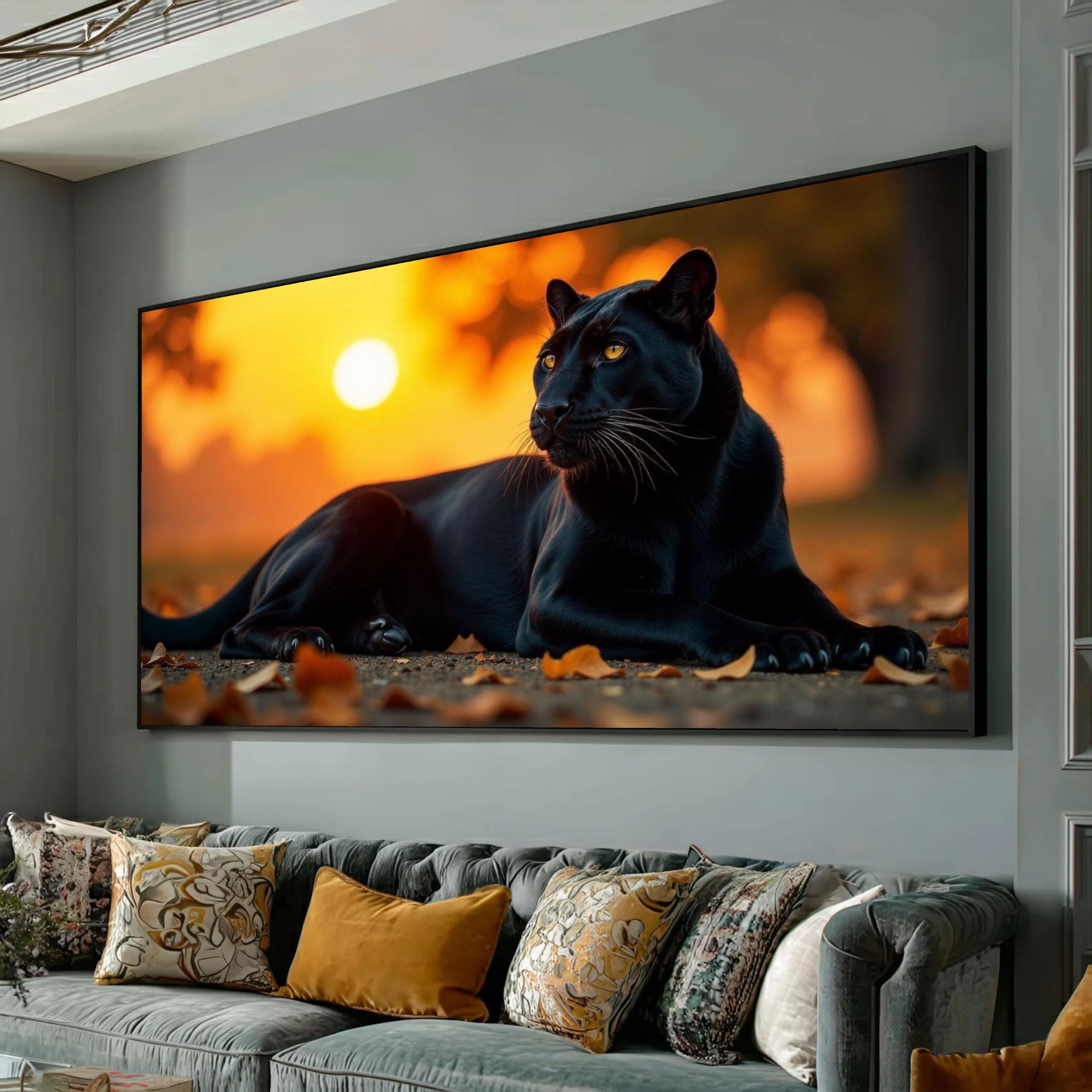 TONGYINLI Majestic Black Panther Canvas Painting, Sunset Wildlife Wall Art, Cat Nature Canvas Print, Exotic Animal Wall Pictures(60x105cm/Frameless)