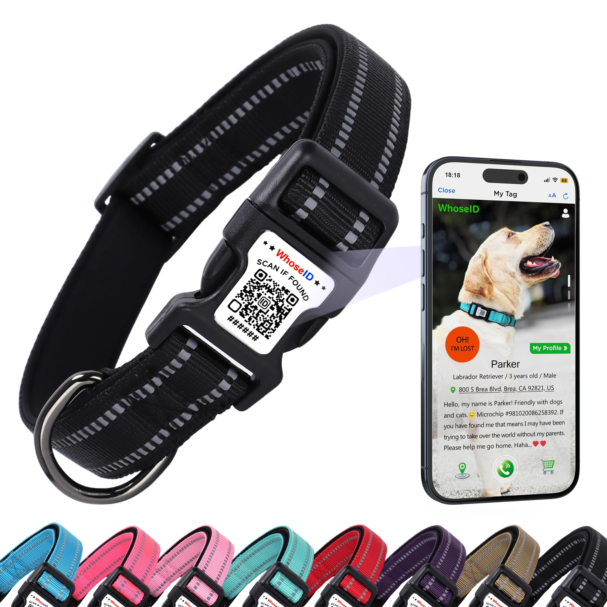 Dog Collar with QR Code, Reflective Pet Collar, Soft Neoprene Padded & Safety Locking Buckle Adjustable Dog Collar for Large Dogs(Black,L)