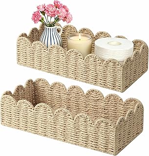 2 Pack Scalloped Wicker Shelf Baskets,Handwoven Paper Rope Basket Organizer for Toilet Tank & Shelves, Decorative Woven Storage Bin for Living Room, Bedroom & Entryway, Beige