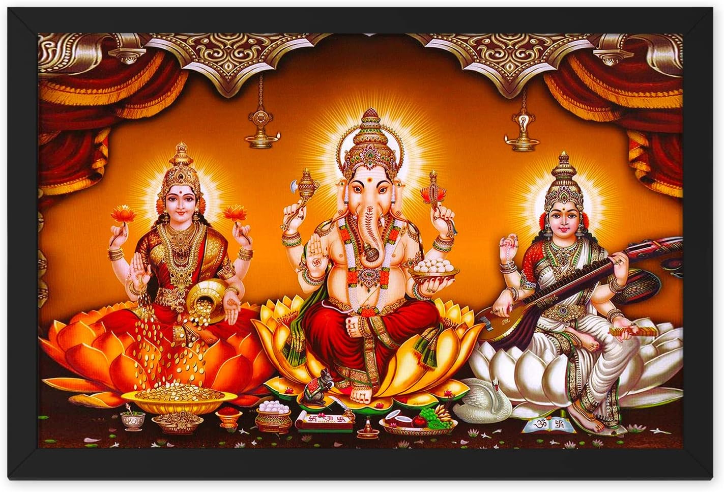 Ritwika's Laxmi Ganesh Saraswati Religious Diwali Pooja Painting With Black Frame Abstarct For Home & Office Decor, Size 13.5 x 9.5 inch, Set of 1 (Multi Colour)