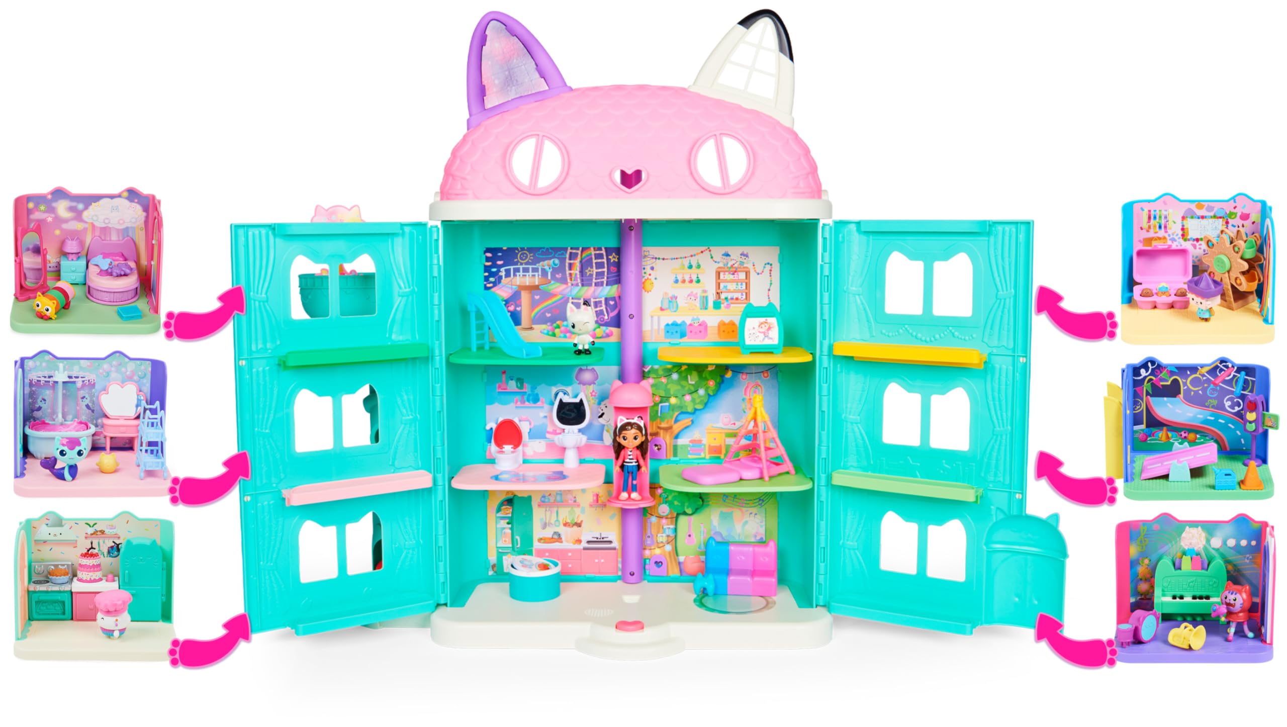 DREAMWORKS GABBY'S DOLLHOUSE - Deluxe Raum, Bakey with Cakey, Küche mit Kuchi (engl. Cakey), 3 Möbelstücken und 2 Überraschungsboxen mit Zubehörteilen, geeignet für Kinder ab 3 Jahren