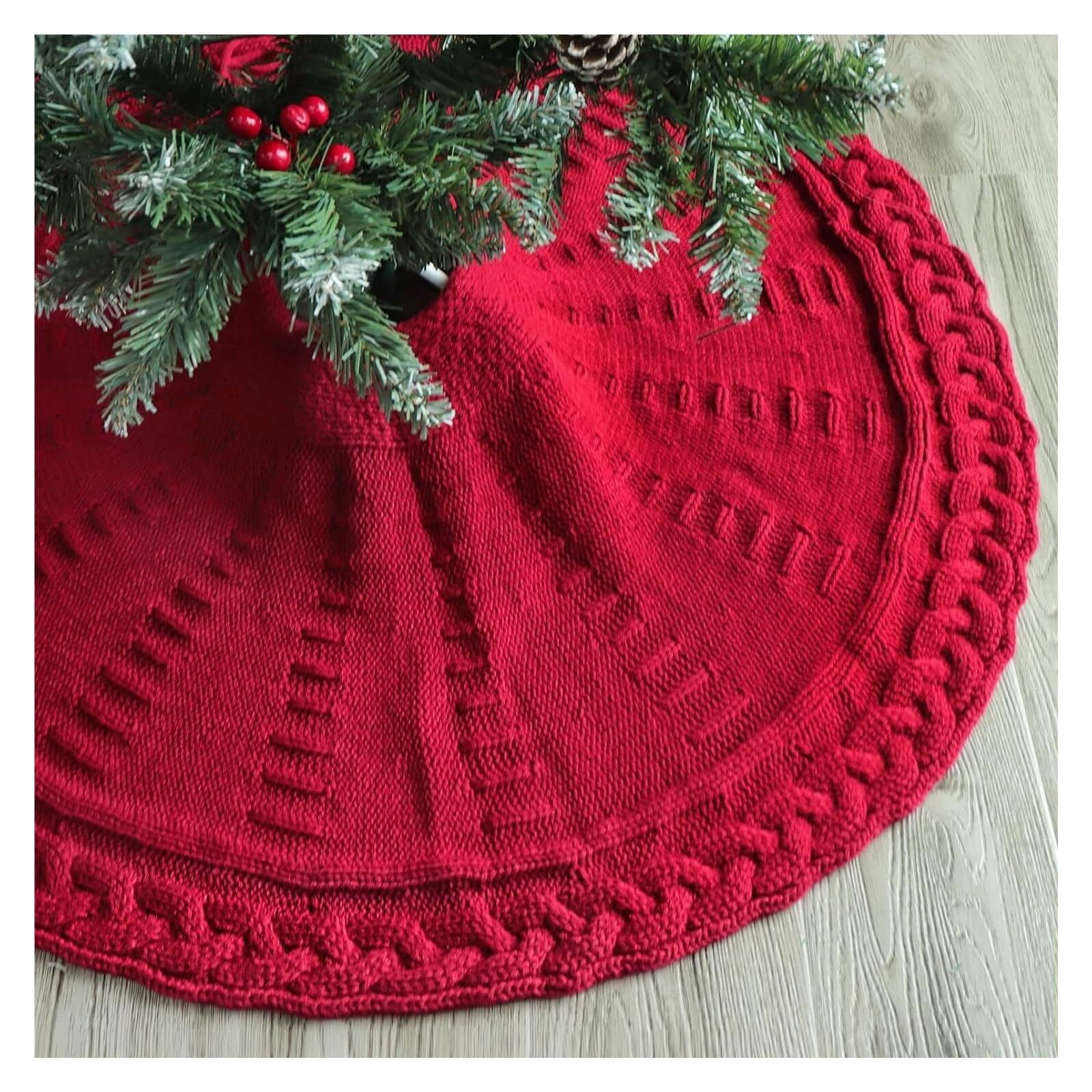 Tapis de Sapin de Noel Jupe d'arbre De Noël 48 Pouces Tricotée par Câble Rustique pour La Décoration Vacances Fête À Maison Couvre-Pied d'arbre(Rot)