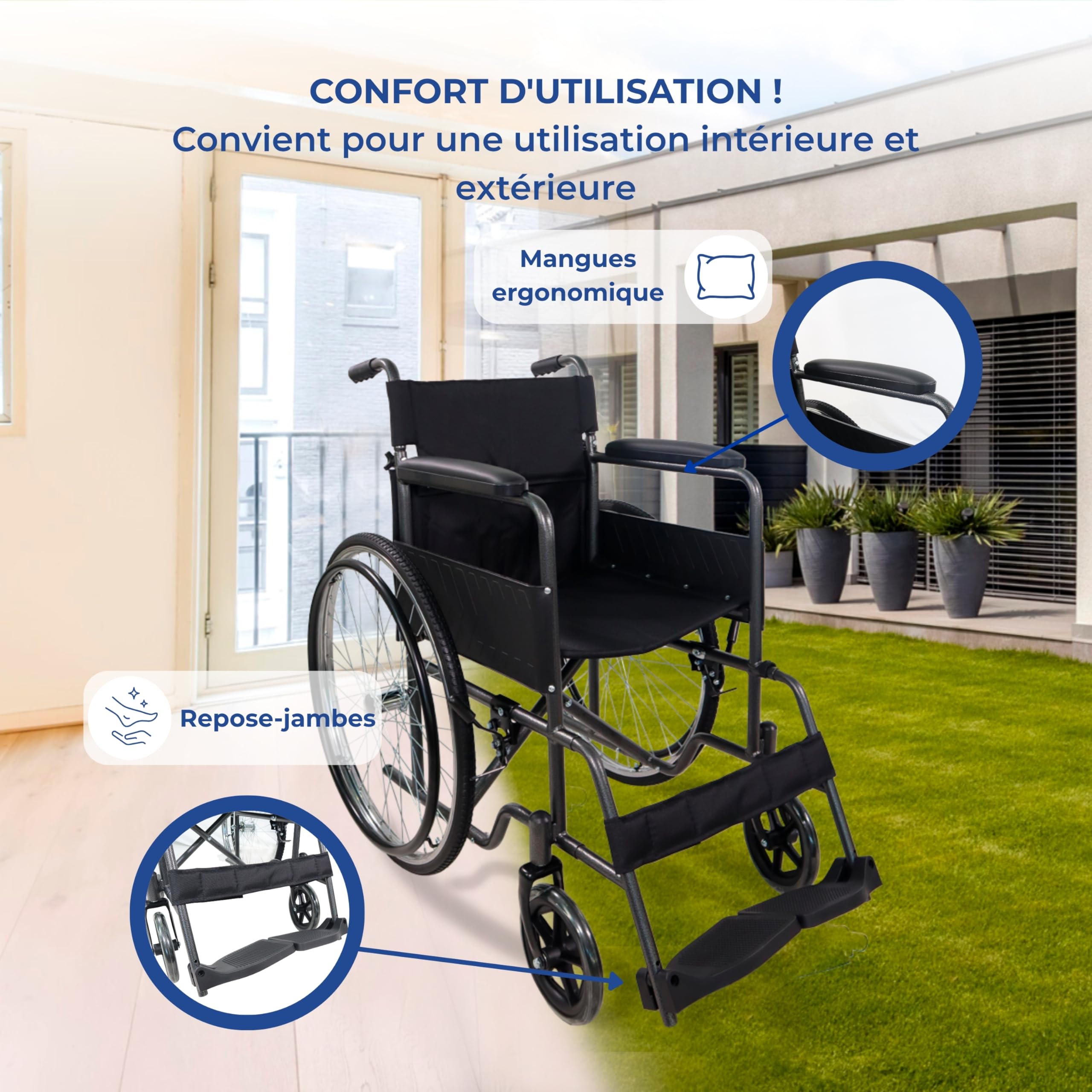 Mobiclinic®, Fauteuil roulant pliable, Marque européenne, Siège 46 cm, Acier, Frein manuel, Dossier amovible, Repose-pieds rabattables, Robuste, Léger, Gris, Denver