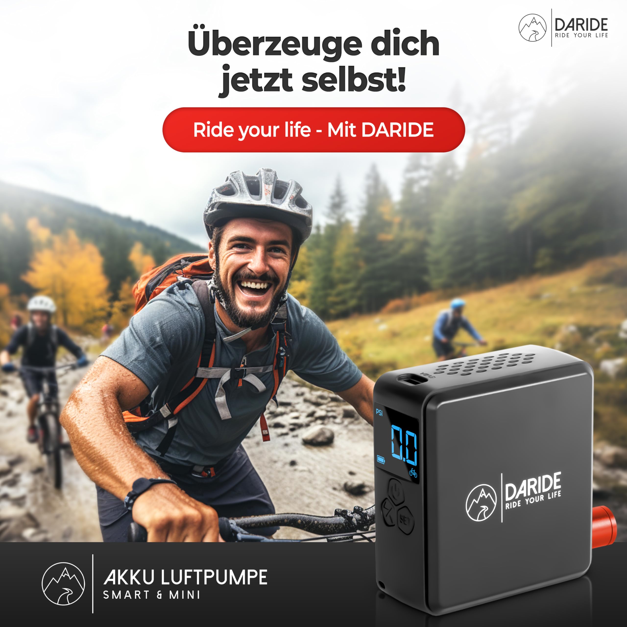 Mini Elektrische Fahrradpumpe - Kleine Akku Luftpumpe & Kompressor für Fahrrad, Auto, Motorrad, Bälle, Tubeless | [10,3 Bar] | Tragbarer Minipumpe & Reifendruckprüfer mit LED-Bildschirm
