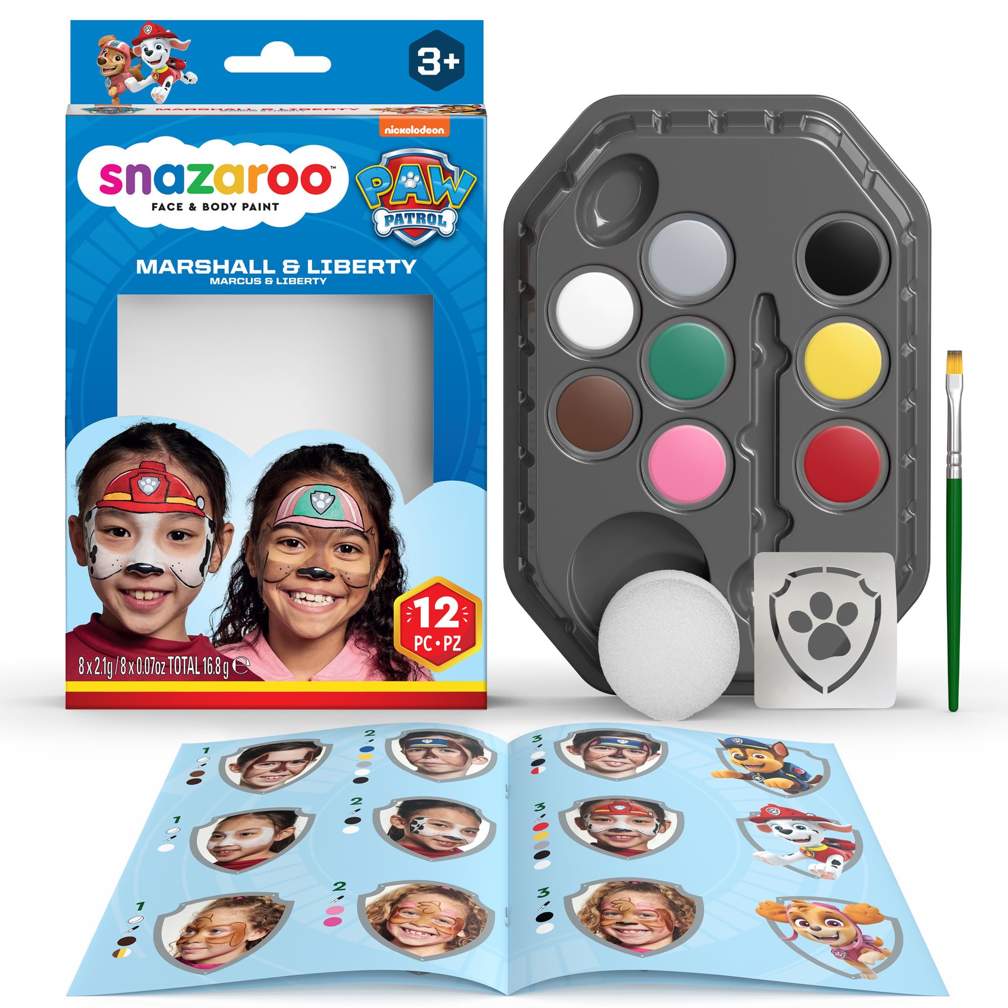 Snazaroo Kit Maquillaje Patrulla Canina Marshall & Liberty - Aguacolores para Niños Y Adultos, 8 Colores, 1 Plantilla, 1 Pincel, 1 Esponja, 1 Guía, Base Agua, Maquillaje Pintacaras