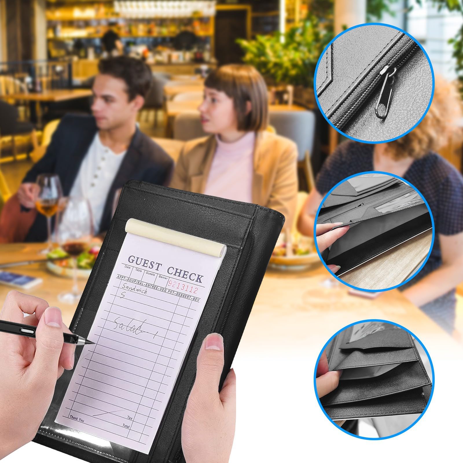 Leather Waiter Book Server Wallet – Zipper Pocket, Check Holder, Money Organizer - View #4