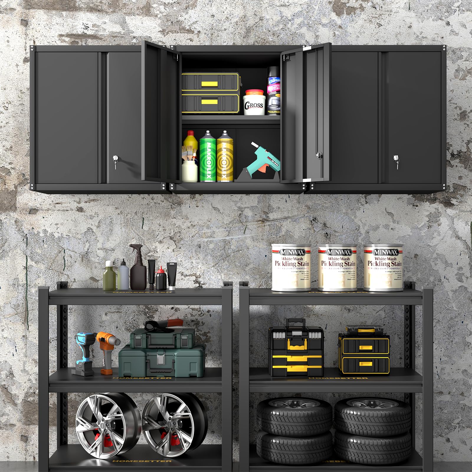 GREATMEET Hängeschrank Metall Werkzeugschrank mit Klapptür, wandmontierte Garagen-Aufbewahrungsschränke mit 1 verstellbarem Regal und 2 Türen, Stahlschrank für Garage, Büro und Zuhause, Schwarz