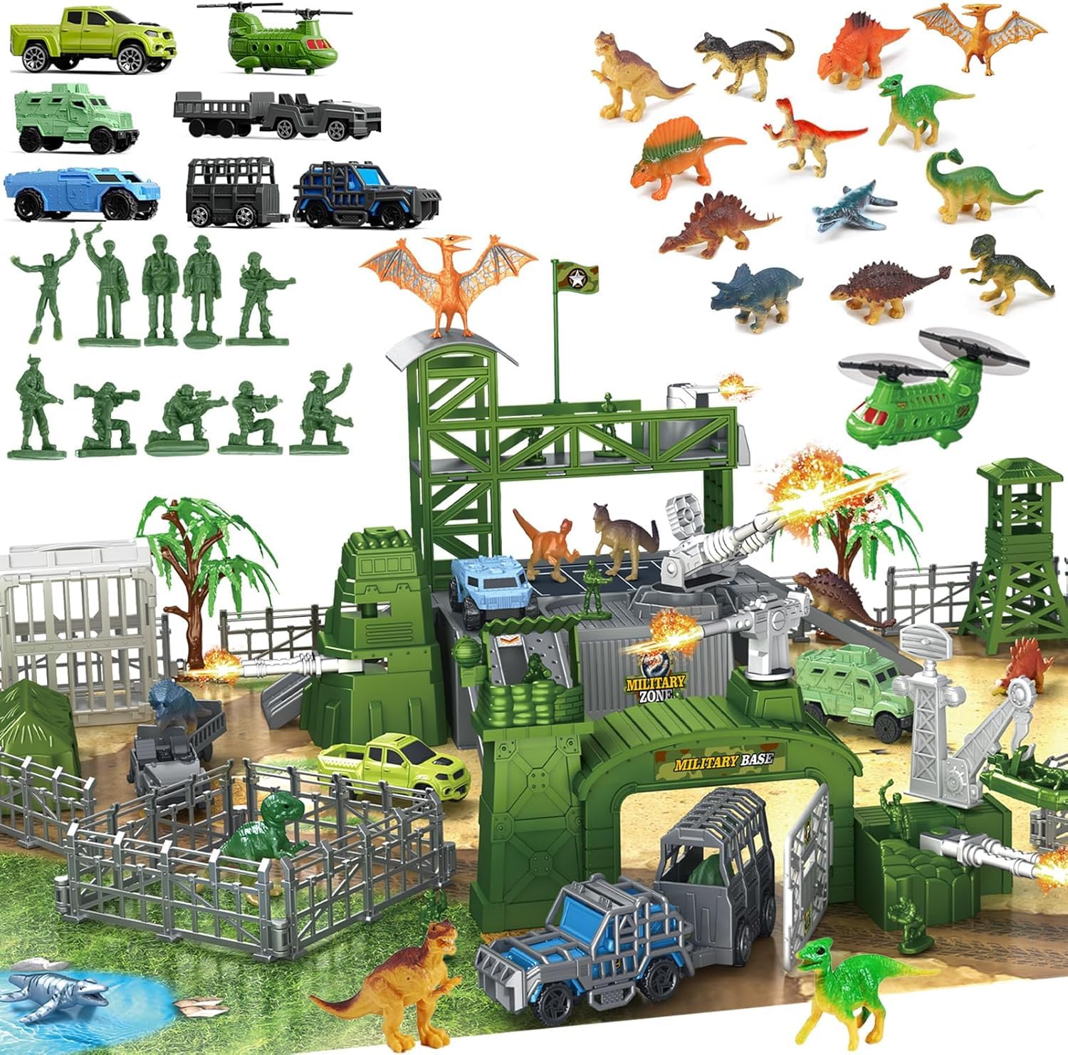 Military Dinosaur Battle Playset, 56 Piece Army Toy Set Soldier Figures, Military Vehicles (Helicopter, Je-ep, Trucks), Cannon, Tents & Battle Mat, Educational STEM Toys for Boys Ages 3-12