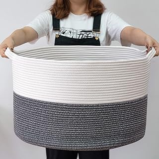 INDRESSME XXXLarge Cotton Rope Basket 21.7" x 21.7" x 13.8" Woven Baby Laundry Basket for Blankets Toys Storage Basket wit...