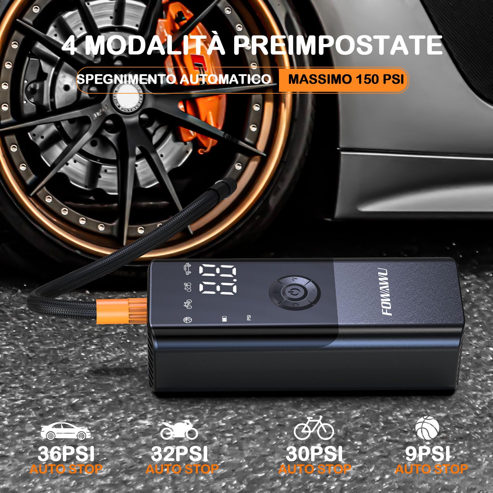 FOWAWU 6000mAh Compressore Aria Portatile, Compressore portatile per auto 150PSI, Gonfiatore Elettrico con Batteria Ricaricabile, Schermo LCD, Cavo DC 12V Torcia LED per Auto Moto Biciclette Palloni