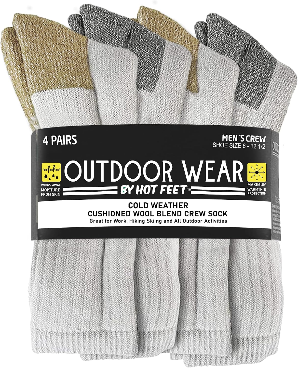 HOT FEET Wool Work Socks for Men & Women, Thick Winter Warm Boot Crew Socks - Stocking Stuffers 4 Pack, Size 4-12.5