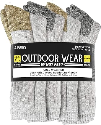 HOT FEET Wool Work Socks for Men & Women, Thick Winter Warm Boot Crew Socks - Stocking Stuffers 4 Pack, Size 4-12.5