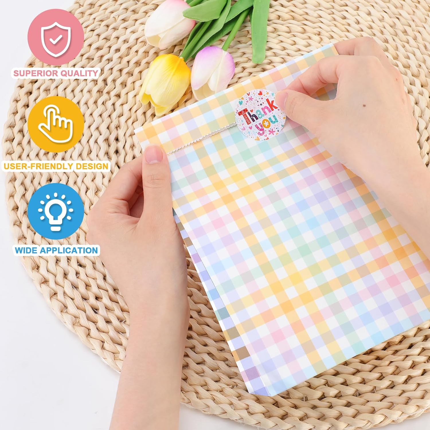 PHOGARY 50pcs Plaid Gift Bags Bulk, Colorful Pastel Checkered Party Favor Bags, Small Paper Gift Bag with Stickers, Treat Sweet Candy Goodie Bag for Birthday Party, Easter, Holiday - Image 3