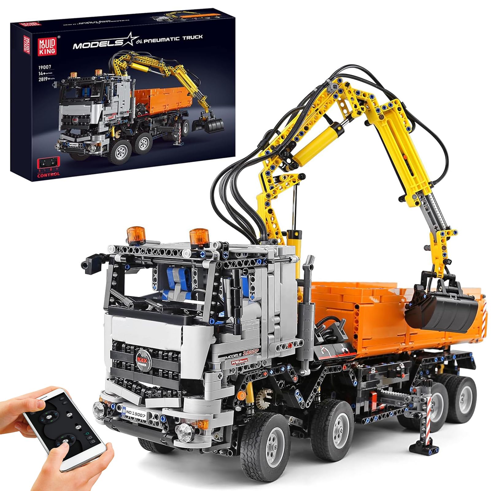 Mould King 19007 Technik Kran Pneumatischer LKW Bausteine, Engineering Truck mit Fernsteuerung und Motoren, 2819 Teile groß MOC Fernbedienung Auto Klemmbausteine Bricks Spielzeug