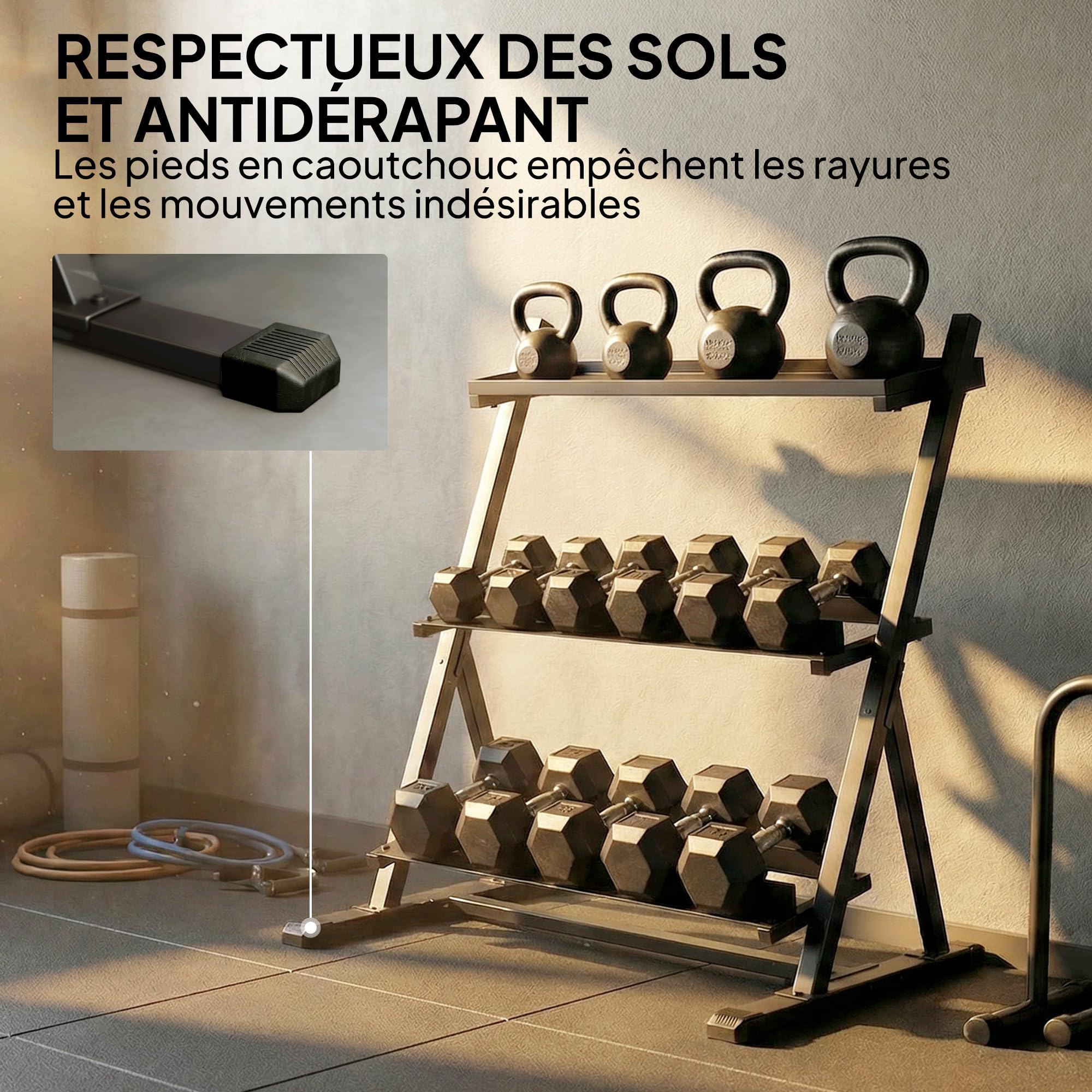SPORTNOW Support pour Haltères 3 Niveaux Acier Robuste Capacité 200 kg Noir | Support de Poids Réglable pour Haltères, Kettlebells,Rack de Rangement Compact pour Salle de Sport à Domicile