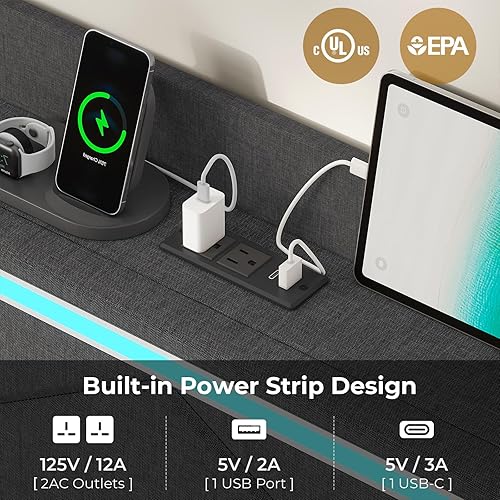 Miniatura 5 de Base de cama LED tamaño matrimonial con cabecera de almacenamiento, moderna cama tapizada con estación de carga tipo C y USB y 4 cajones, listones