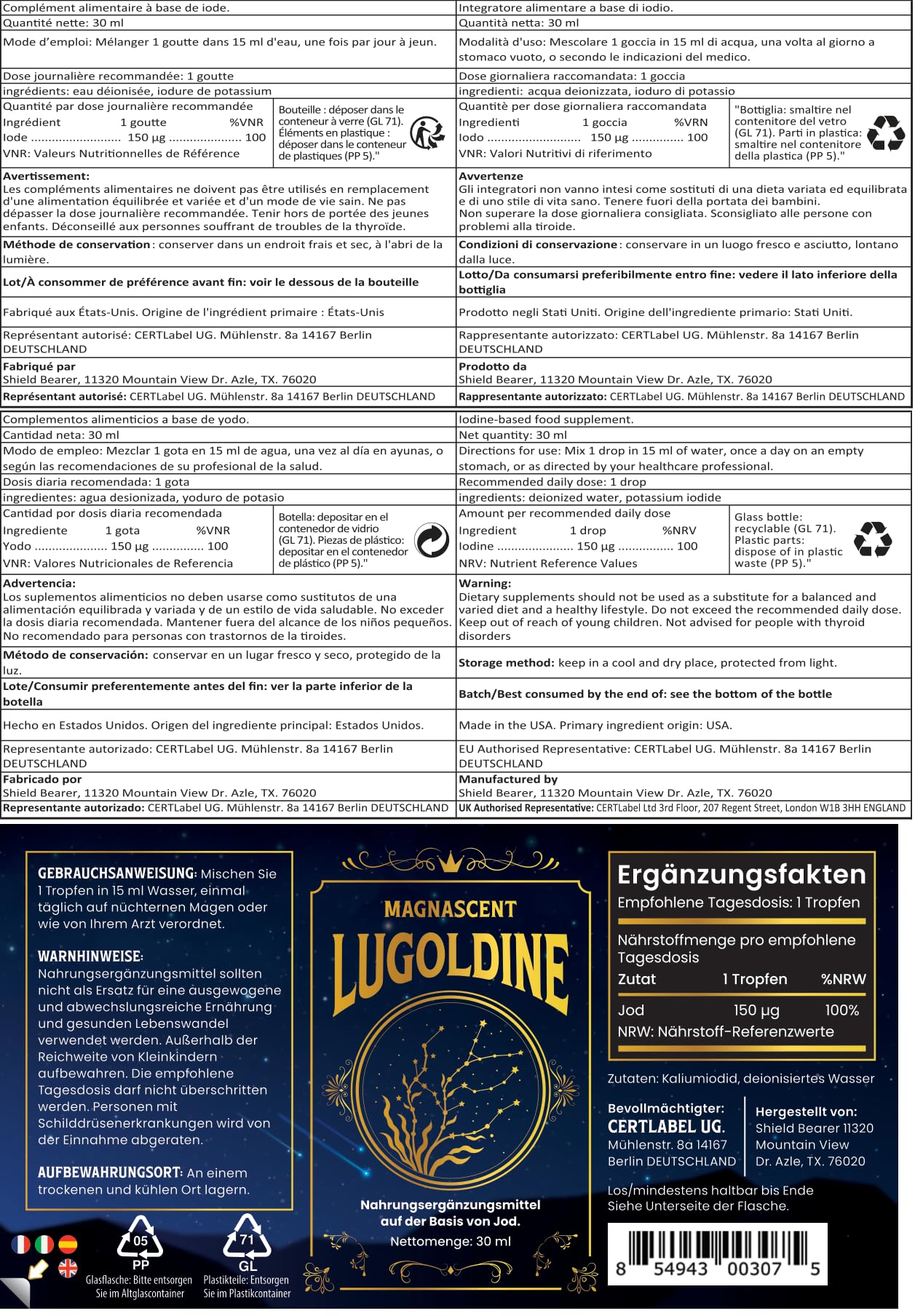 Lugoldine Gouttes d’Iode Activé 30 ml – Procédé Breveté (US20090022816A1), 100% VNR par dose journalière, Sans alcool ni glycérine