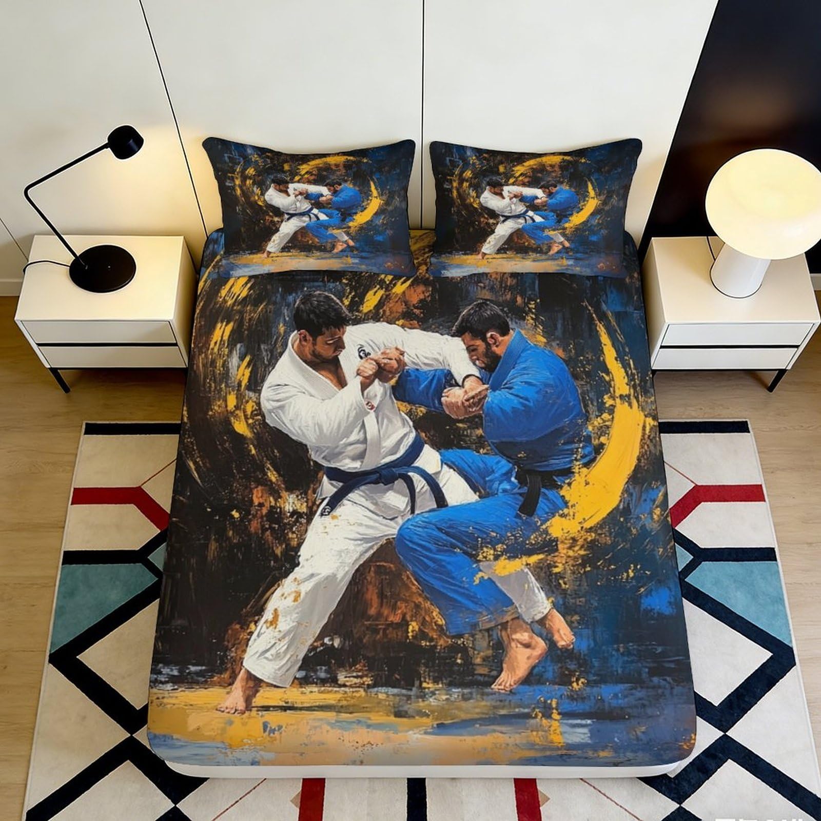 3D Printed Judo Martial Arts Fitted Sheet Microfiber Soft Anti-Slip Abstract Splash Mattress Cover Bedroom Decor 90x200x25cm