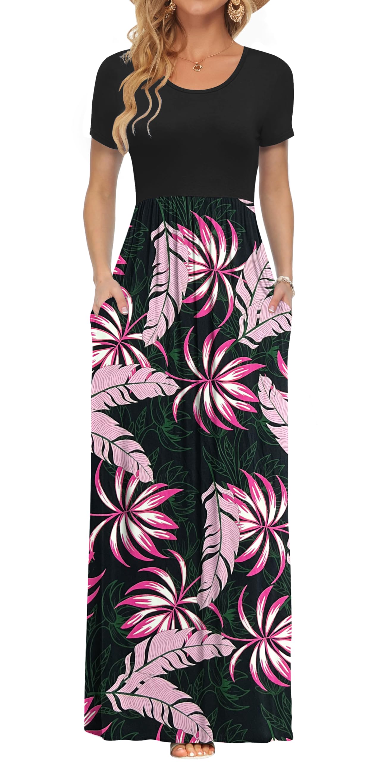 AUSELILY Women's Summer Short Sleeve Loose Plain Casual Long Maxi Dresses | Year Round wear solid floral print, Casual wear, Empire waist, Floor length, Side pockets