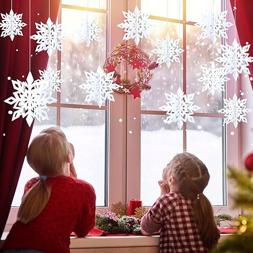 Vista 3 de 36 decoraciones de copos de nieve de Navidad, guirnalda de copos de nieve de papel blanco grande 3D para colgar copos de nieve para invierno, país