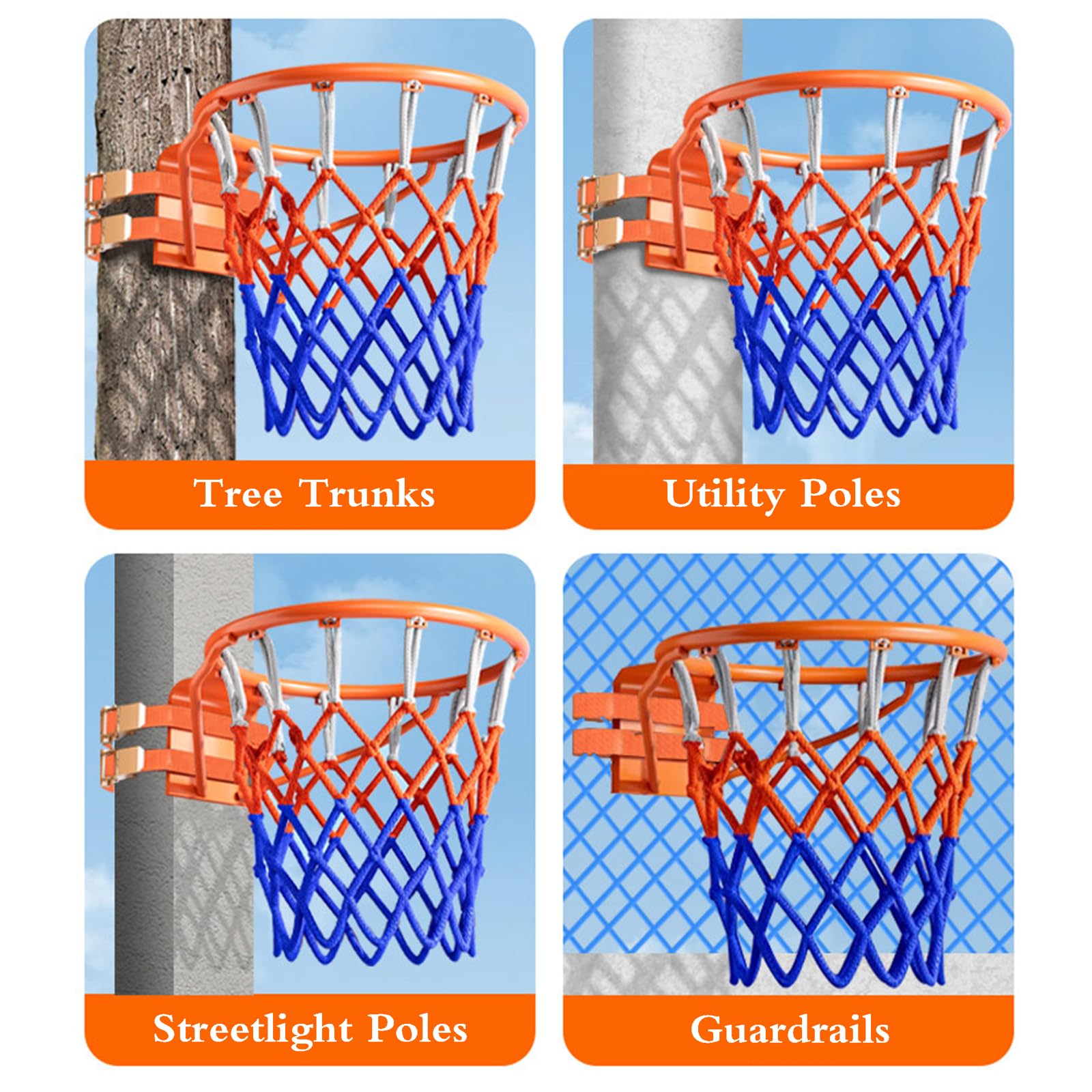 Anello da Pallacanestro da Muro,Canestro Basket Esterno,Canestro da Basket da Parete,Canestro Basket Regolamentare,con Rete in Nylon,per Alberi,Colonne Rotonde,Ferros