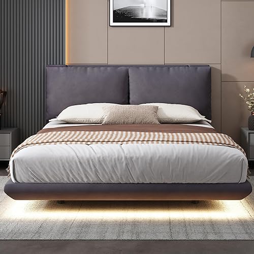 Miniatura 102 de Cama de plataforma flotante tamaño Queen con sensor de luz y cabecero, marco de cama moderno tapizado de terciopelo suave, no necesita somier