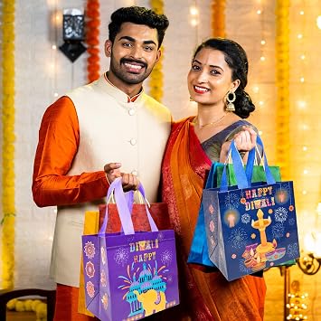 HOWAF 12Pcs Happy Diwali Gift Bags, Diwali Decoration Non-Woven Tote Bags, Festival of Lights Reusable Treat Bags with Handle for Diwali Favor Gifts Wrapping, Indian Deepavali Candy Bags