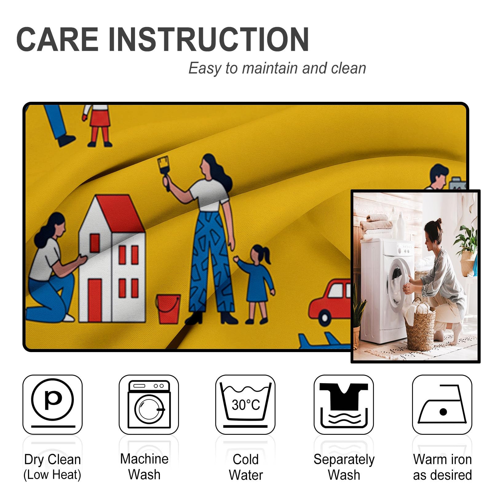 Rideau Occultant Vie Famille Dessin Animé Thermiques Anti Froid, 140x175cm Rideaux Fenêtre Opaque Jeux Parents-Enfants à Oeillets Anti UV Intérieurs Decoration Dressing Salon Chambre Maison, Jaune