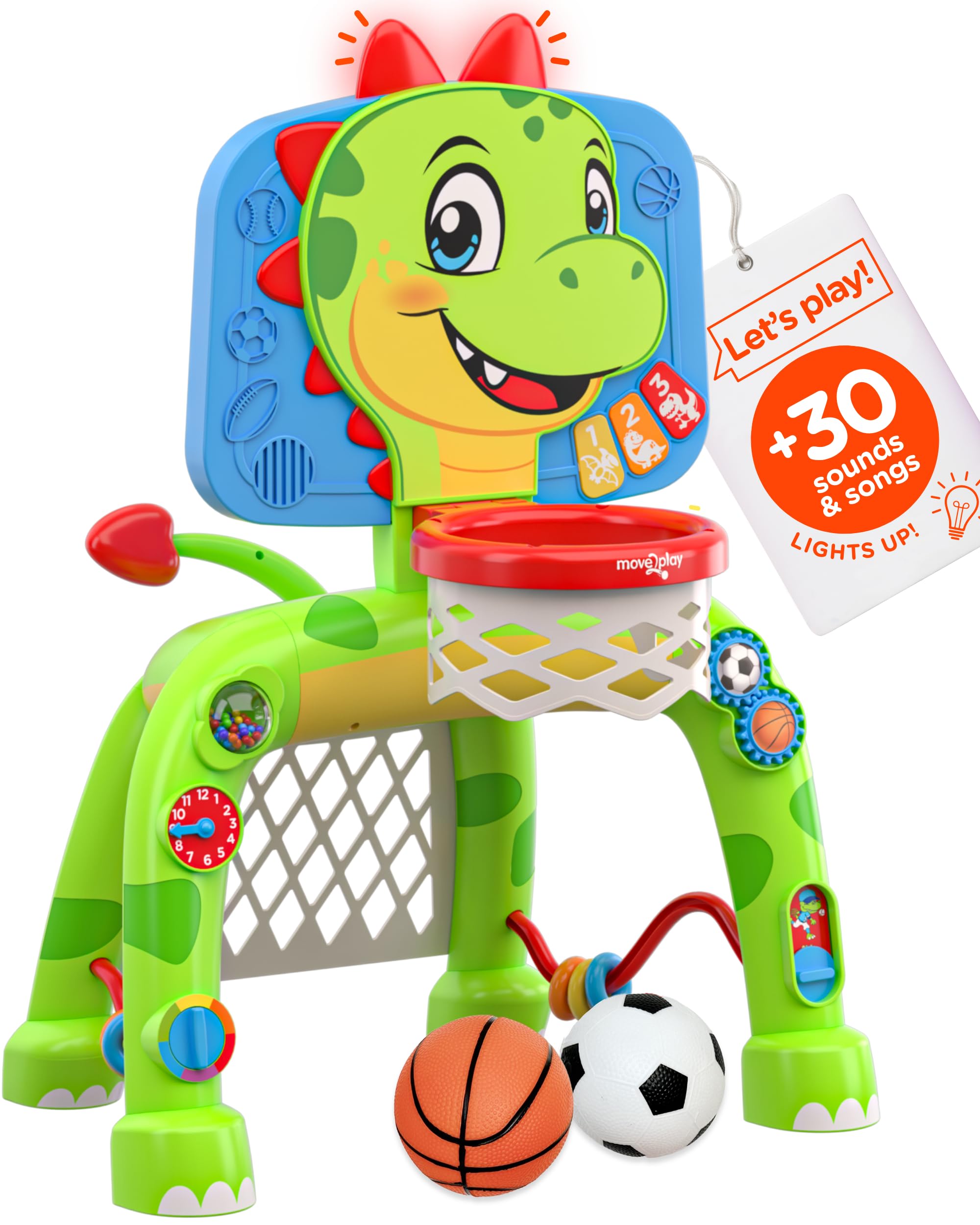 Move2Play Dinosaur Basketball Hoop Soccer Goal Activity Center 30 Sounds Songs 5 Lights 1 2 3 Year Old