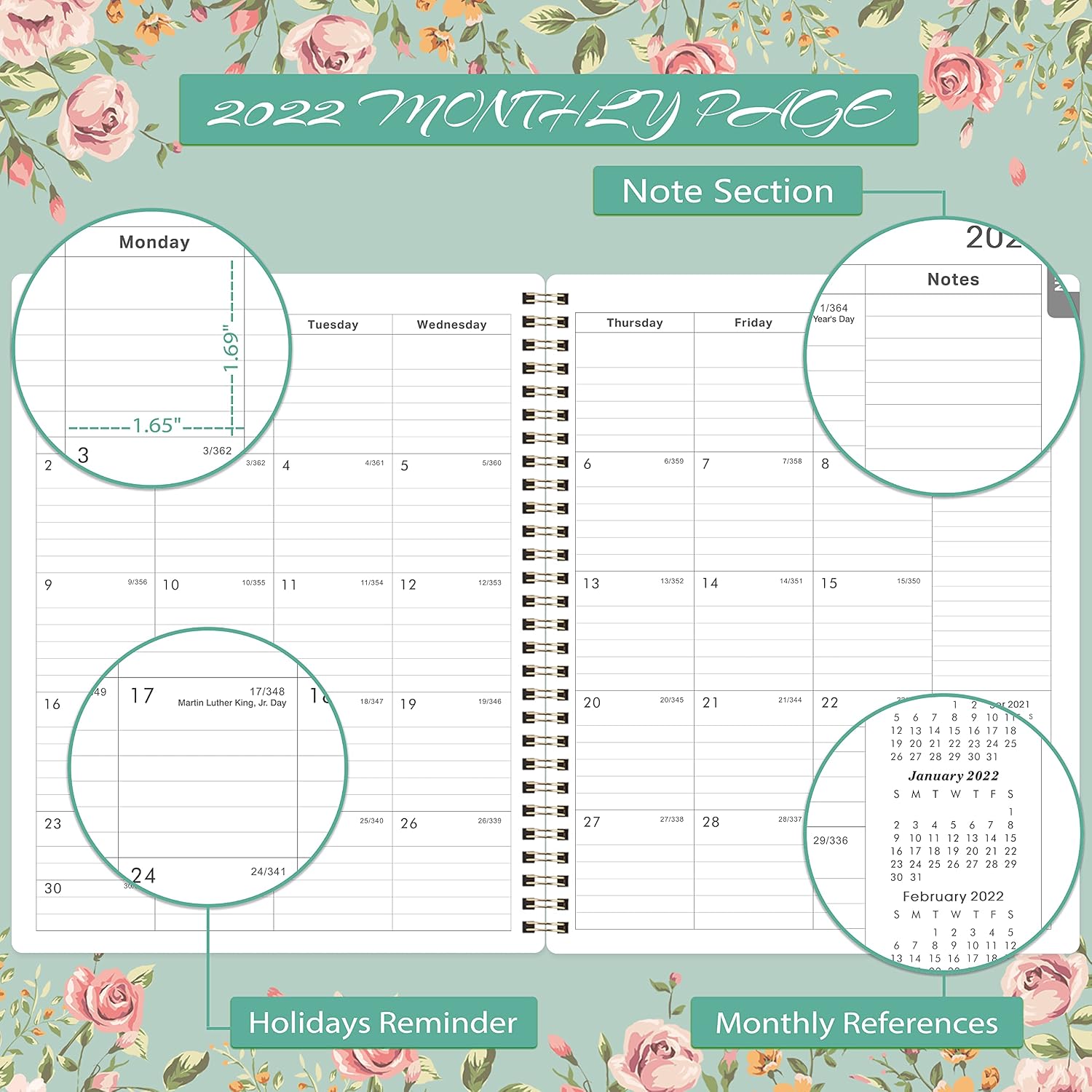 2022 Planner - 2022 Weekly Monthly Planner with Flexible Cover, Jan 2022 - Dec 2022, 8" x 10", Strong Binding, Monthly Printed Tabs, Green and Pink
